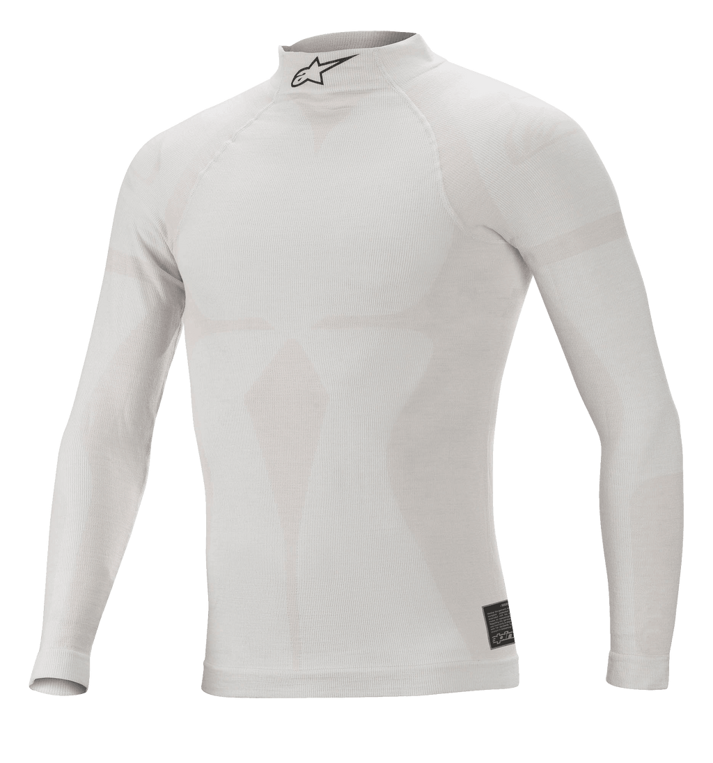 Alpinestars ZX Evo V2 langærmet top, hvid grå, flammehæmmende base layer til motorsport, høj krave med sort Astars-logo, sømløs konstruktion med jacquard-motiv, letvægts og tætsiddende funktionsundertøj