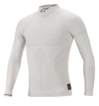 Alpinestars ZX Evo V2 langærmet top, hvid grå, flammehæmmende base layer til motorsport, høj krave med sort Astars-logo, sømløs konstruktion med jacquard-motiv, letvægts og tætsiddende funktionsundertøj