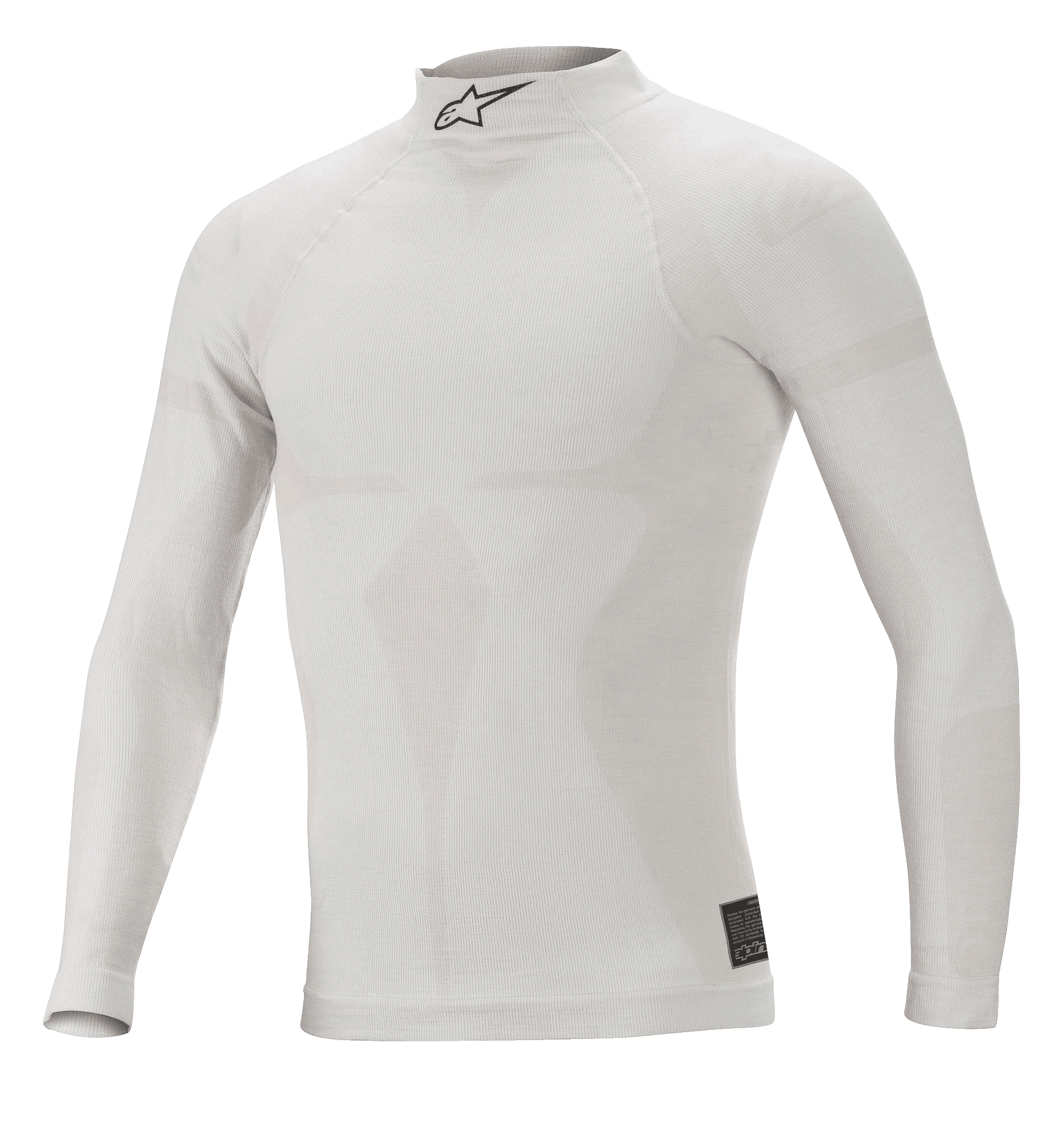 Alpinestars ZX Evo V2 langærmet top, hvid grå, flammehæmmende base layer til motorsport, høj krave med sort Astars-logo, sømløs konstruktion med jacquard-motiv, letvægts og tætsiddende funktionsundertøj