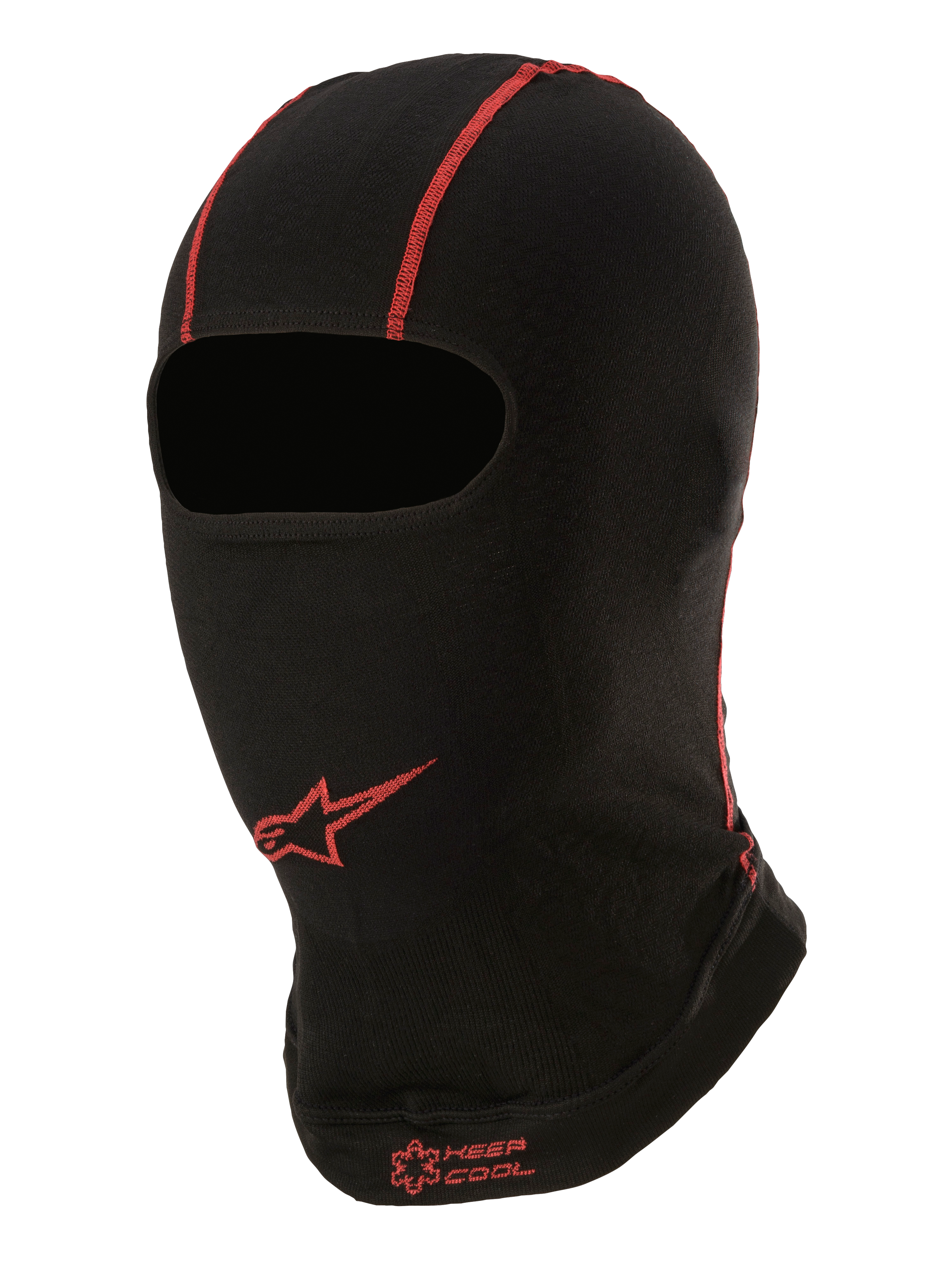 Alpinestars KX V2 Balaclava, sommer-basislag til brug under hjelm, sort med røde syninger, rødt Alpinestars stjernelogo og "KEEP COOL"-tekst, tyndt åndbart materiale til gokart og motorsport