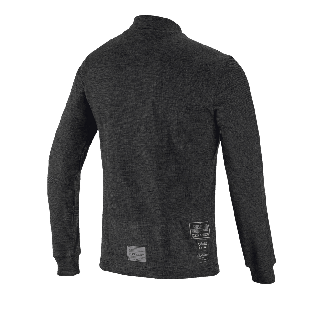 Alpinestars Race V3 langærmet top, set bagfra, sort flammehæmmende basislag, tekstureret strikdesign, lange ærmer med ribbede manchetter, FIA-homologeringsmærkater på den nederste del af ryggen.