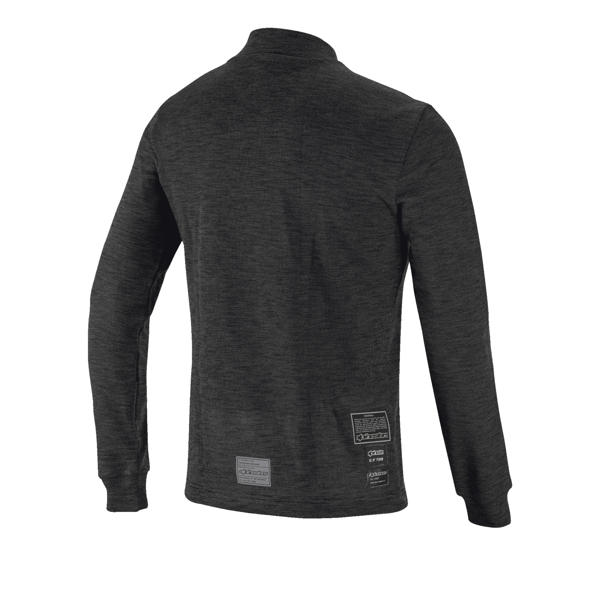 Alpinestars Race V3 langærmet top, set bagfra, sort flammehæmmende basislag, tekstureret strikdesign, lange ærmer med ribbede manchetter, FIA-homologeringsmærkater på den nederste del af ryggen.