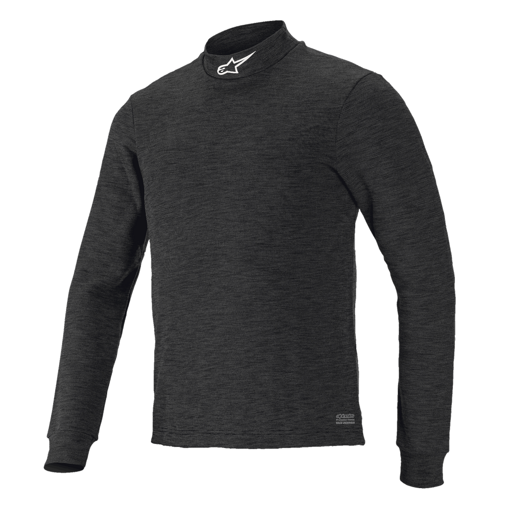 Alpinestars Race V3 langærmet top, sort tekstureret baselag, høj krave med hvidt logo, tætsiddende design, flammehæmmende performance-tøj til motorsport