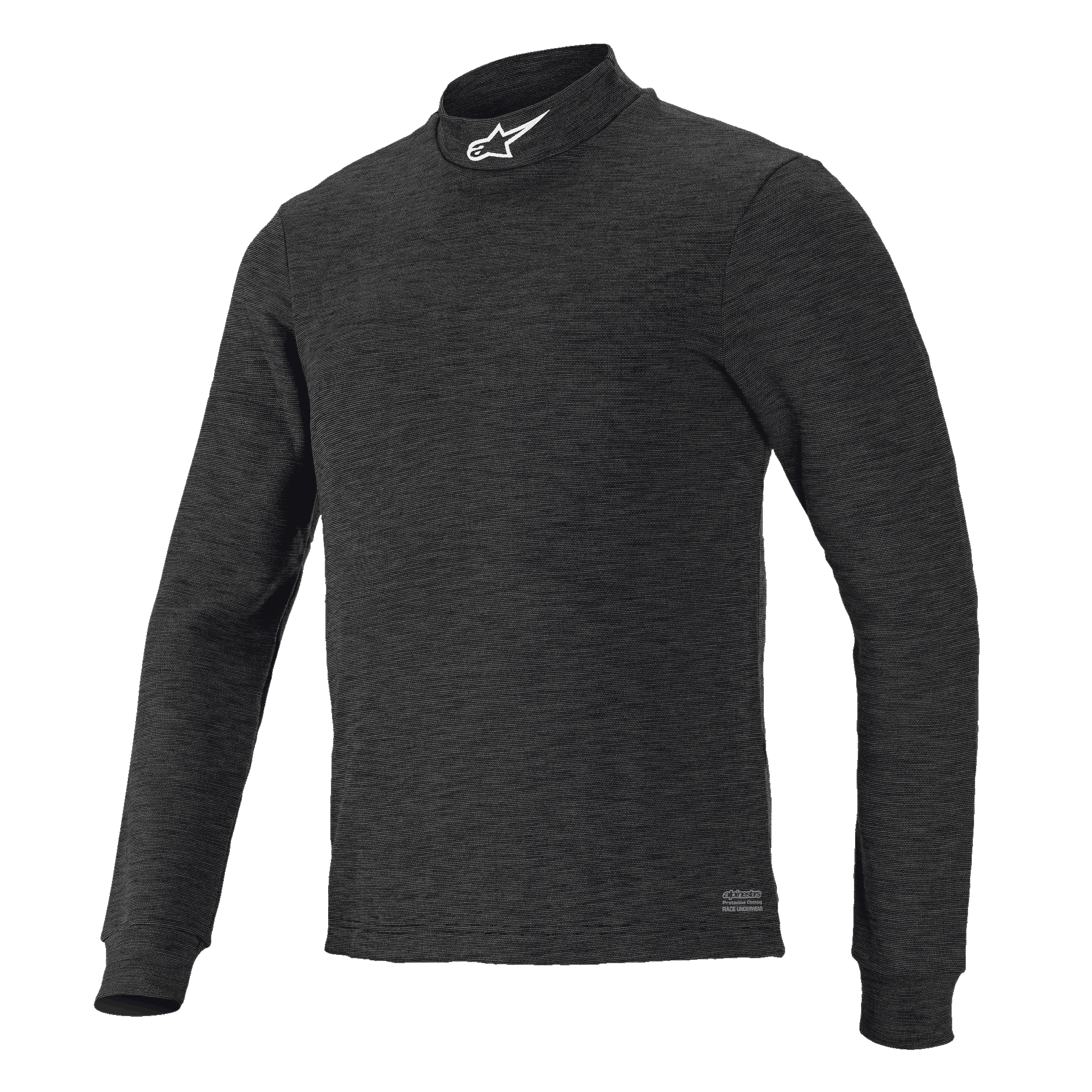 Alpinestars Race V3 langærmet top, sort tekstureret baselag, høj krave med hvidt logo, tætsiddende design, flammehæmmende performance-tøj til motorsport