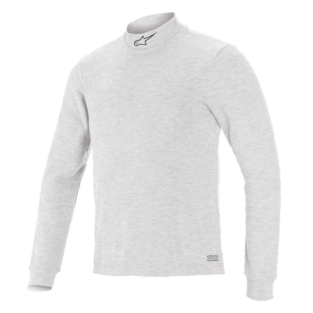 Alpinestars Race V3 langærmet trøje, basislag til bilsport, hvid, høj krave med lille logo, lange ærmer, blødt og flammehæmmende stof, minimalistisk atletisk design