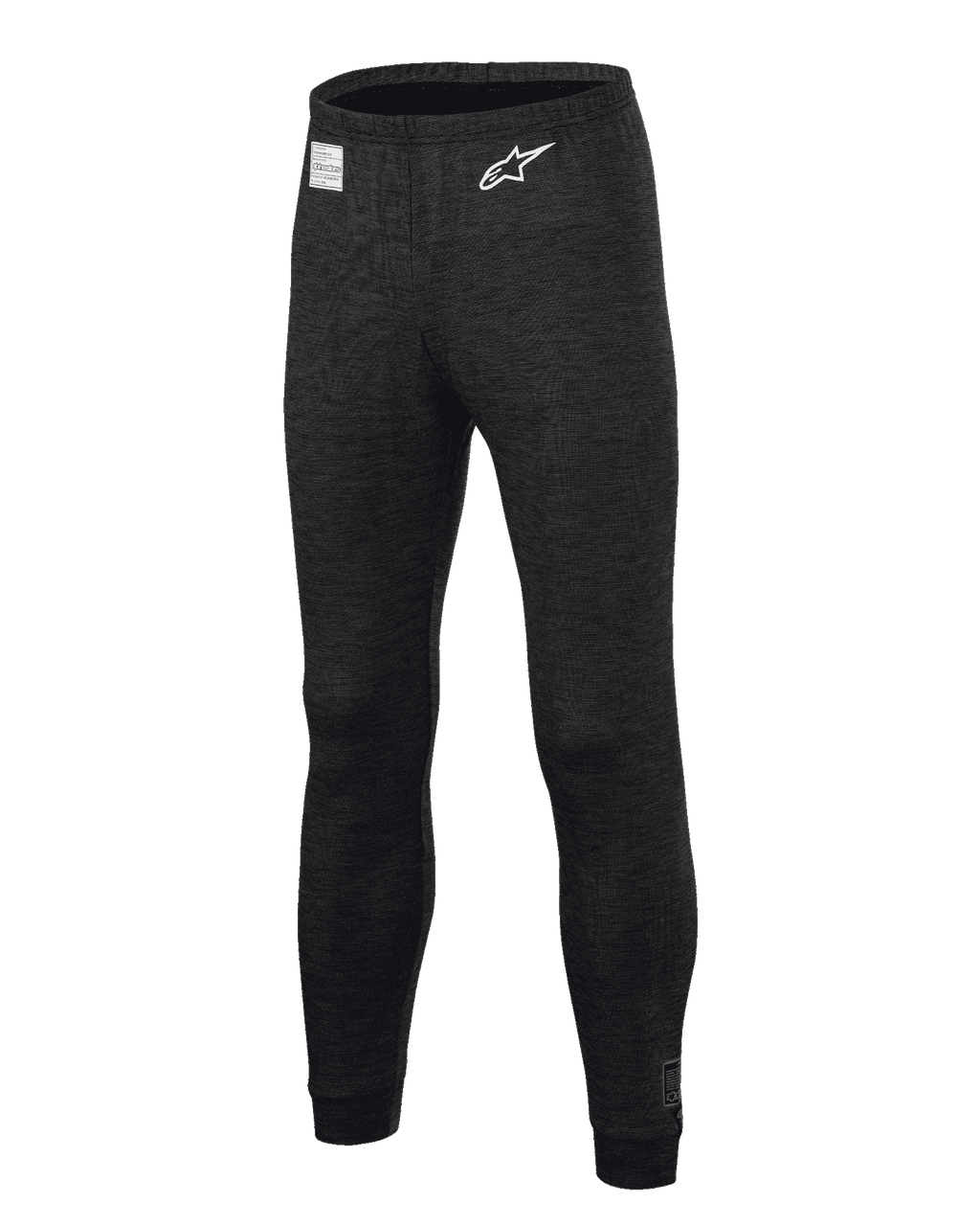 Alpinestars Race V3 Bottom, basislag til motorsport, sort, med flammehæmmende tekstureret stof, hvidt stjernelogo på låret, FIA-certificeringsmærke i taljen, teknisk underbeklædning i fuld længde til professionel motorsport