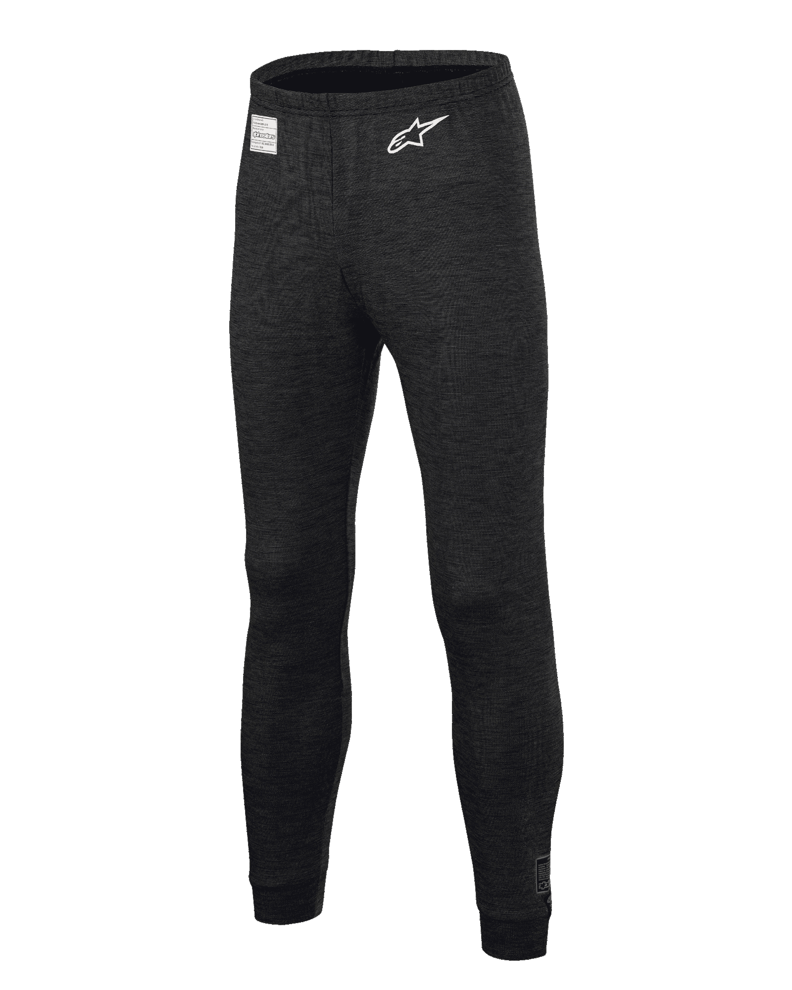 Alpinestars Race V3 Bottom, basislag til motorsport, sort, med flammehæmmende tekstureret stof, hvidt stjernelogo på låret, FIA-certificeringsmærke i taljen, teknisk underbeklædning i fuld længde til professionel motorsport