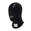 Alpinestars Race V3 Balaclava, sort flammehæmmende balaclava til motorsport, hvide stjernelogoer på panden og kinden, FIA-certificeringsmærke på halsen, let teknisk materiale med øjenåbning til hovedbeskyttelse i motorsport