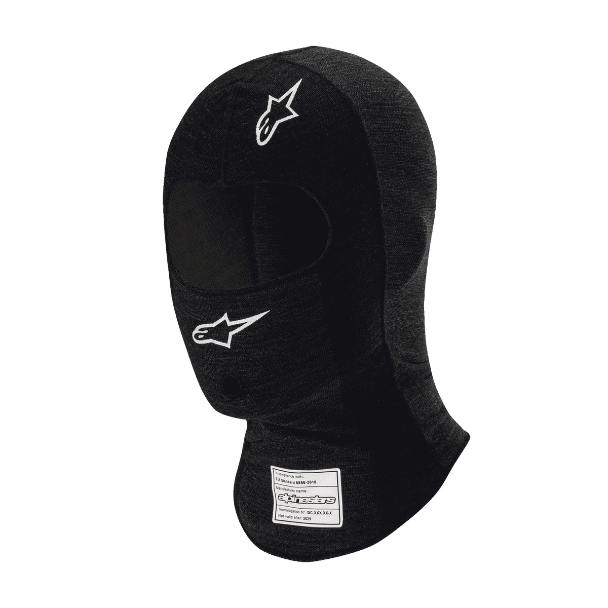 Alpinestars Race V3 Balaclava, sort flammehæmmende balaclava til motorsport, hvide stjernelogoer på panden og kinden, FIA-certificeringsmærke på halsen, let teknisk materiale med øjenåbning til hovedbeskyttelse i motorsport