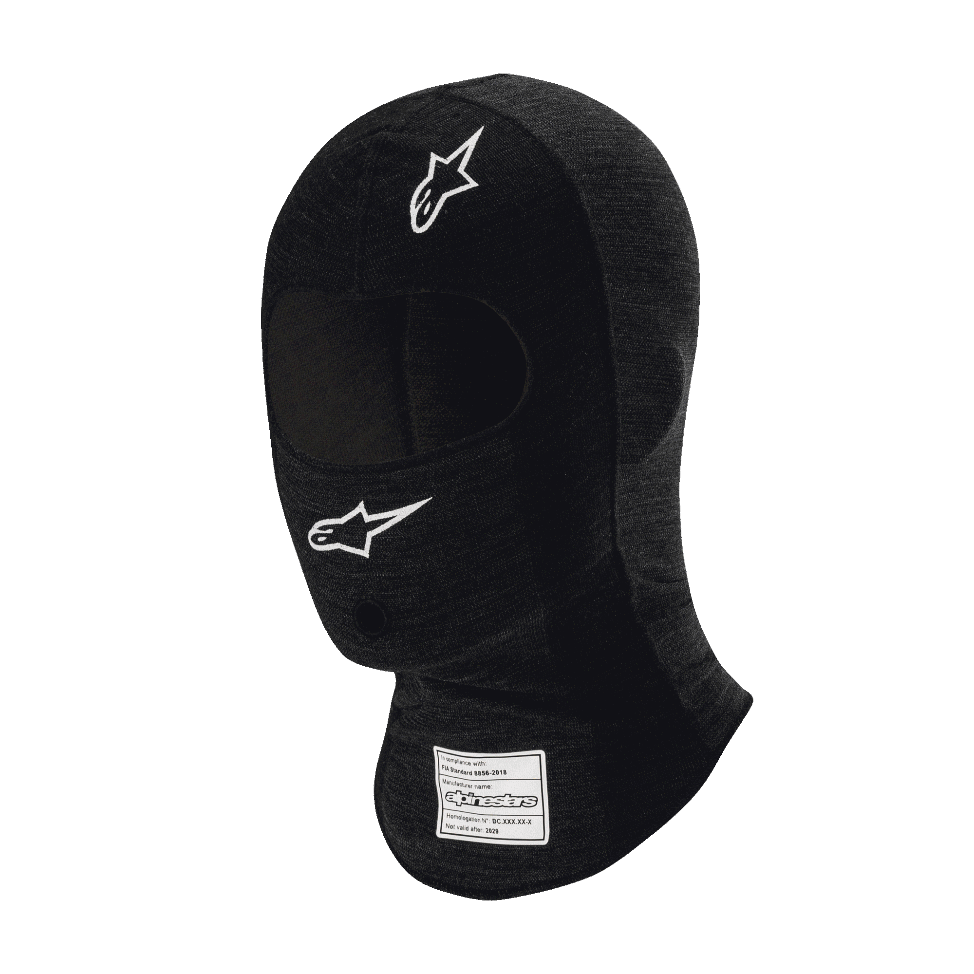 Alpinestars Race V3 Balaclava, sort flammehæmmende balaclava til motorsport, hvide stjernelogoer på panden og kinden, FIA-certificeringsmærke på halsen, let teknisk materiale med øjenåbning til hovedbeskyttelse i motorsport
