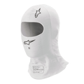 Alpinestars Race V3 balaclava, hvid, balaclava til bilsport, med sorte Alpinestars-logoer, stor oval øjenåbning og FIA 8856-2018-homologeringsmærkat, let flammehæmmende stof.