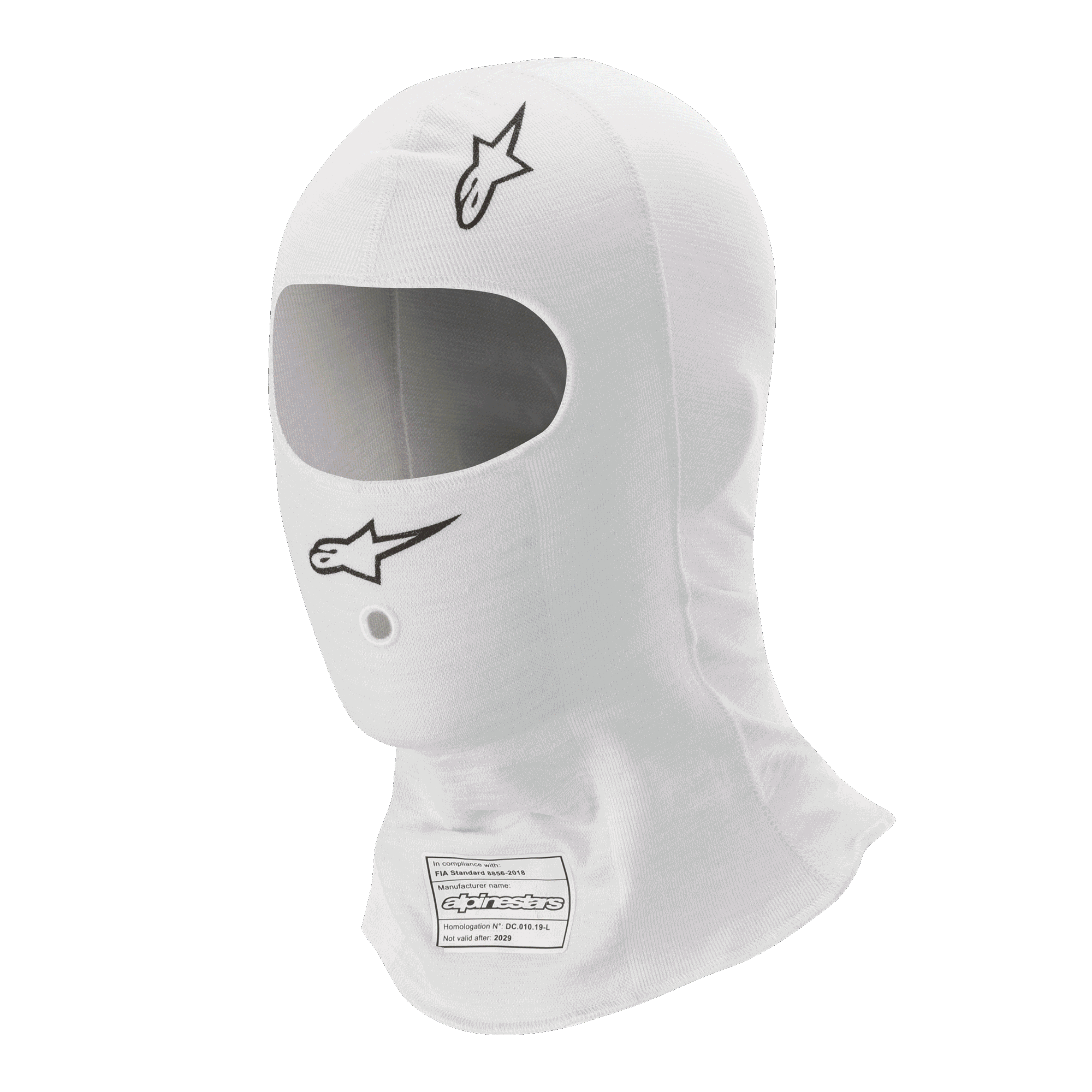 Alpinestars Race V3 balaclava, hvid, balaclava til bilsport, med sorte Alpinestars-logoer, stor oval øjenåbning og FIA 8856-2018-homologeringsmærkat, let flammehæmmende stof.