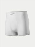 Alpinestars TECH ZX Boxershorts, racerundertøj, hvid, med et sølvfarvet Alpinestars-logo på den forreste linning, let flammehæmmende materiale, baselayer til motorsport