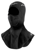 Alpinestars Winter Balaclava, Motorcycle Cold Weather Riding Balaclava, Black, featuring extended neck and chest fleece bib, breathable perforated mouth panel, and white printed logo details.
