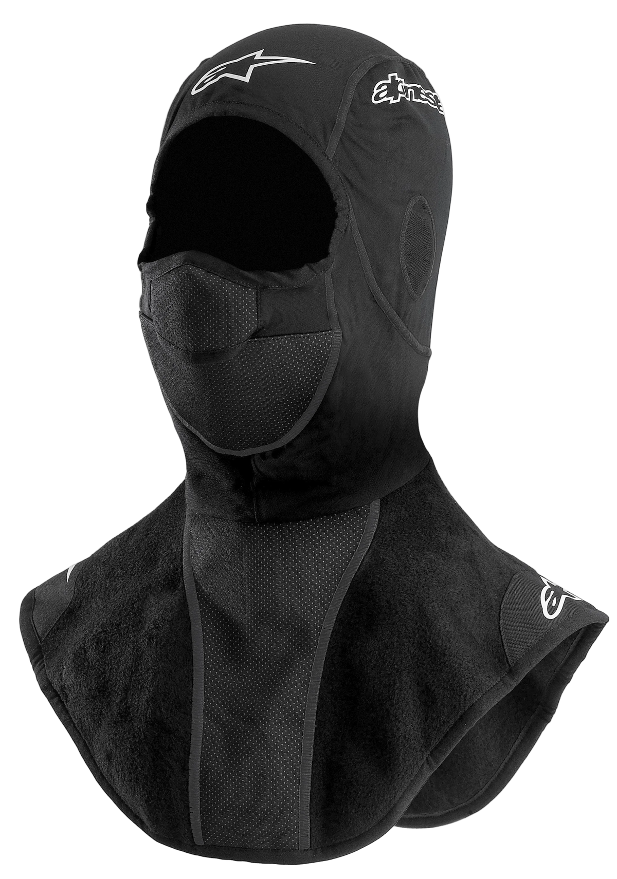 Alpinestars Winter Balaclava, Motorcycle Cold Weather Riding Balaclava, Black, featuring extended neck and chest fleece bib, breathable perforated mouth panel, and white printed logo details.
