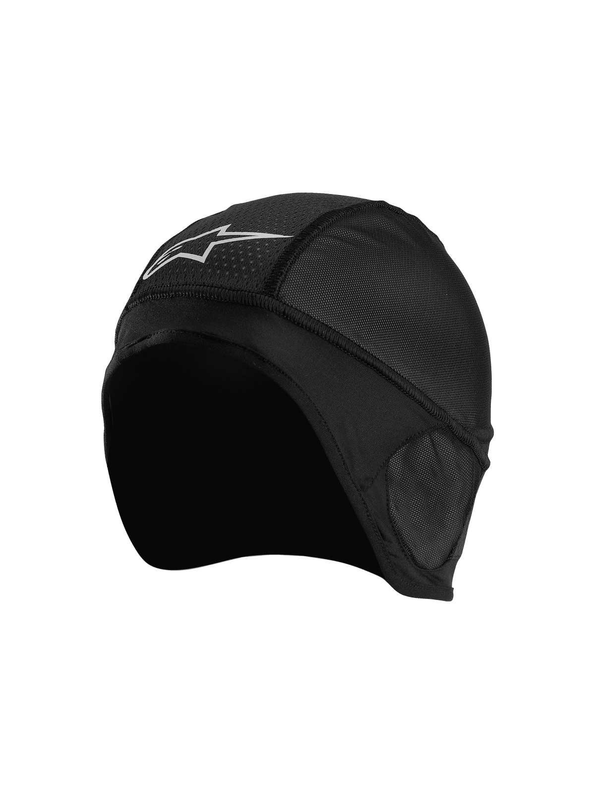 Alpinestars Balaclava Skull Cap, sort motorcykelhjelm-liner med hvidt stjernelogo, åndbare mesh-paneler og ergonomisk design med flade sømme for optimal komfort under hjelmen
