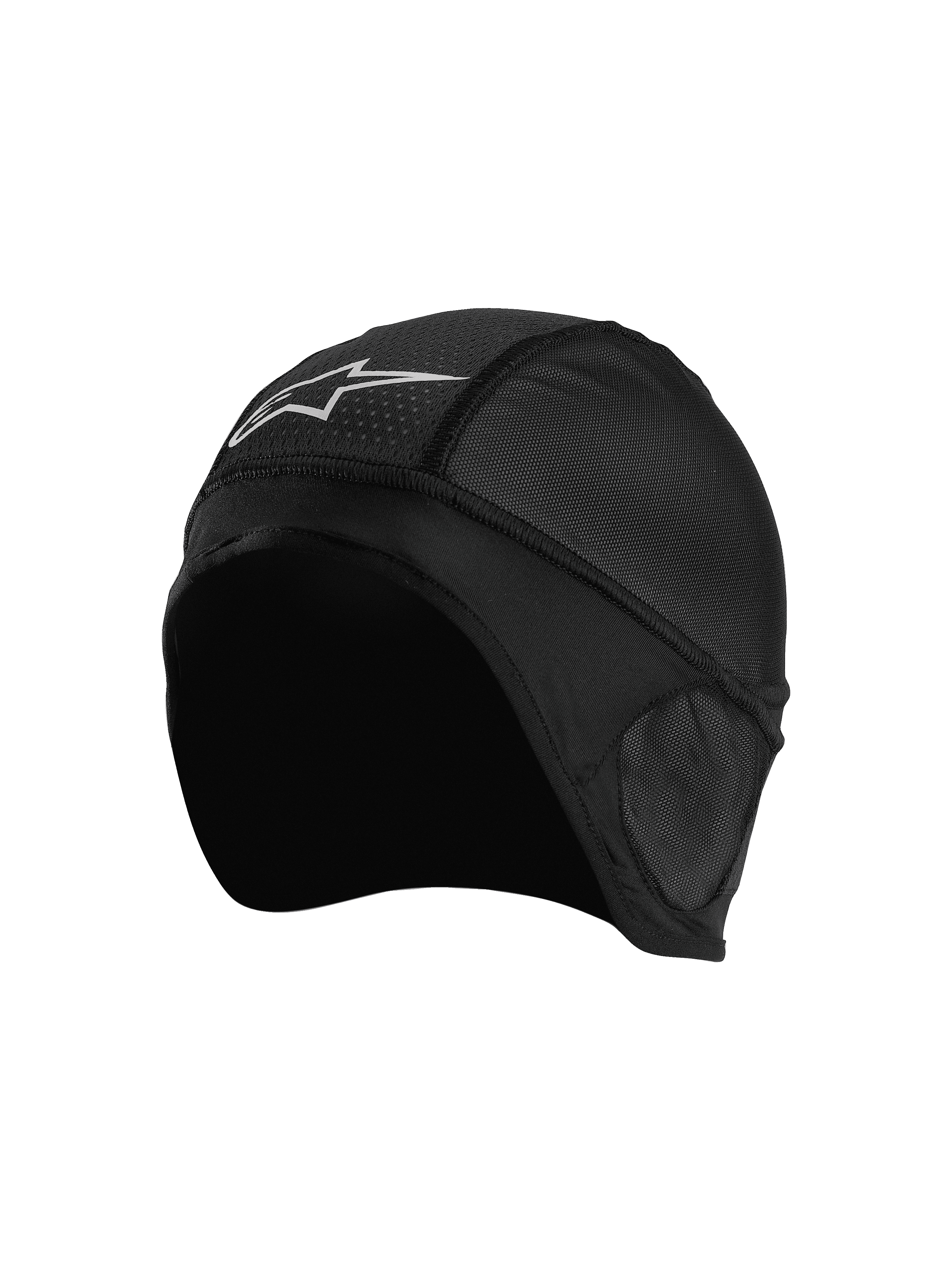 Alpinestars Balaclava Skull Cap, sort motorcykelhjelm-liner med hvidt stjernelogo, åndbare mesh-paneler og ergonomisk design med flade sømme for optimal komfort under hjelmen