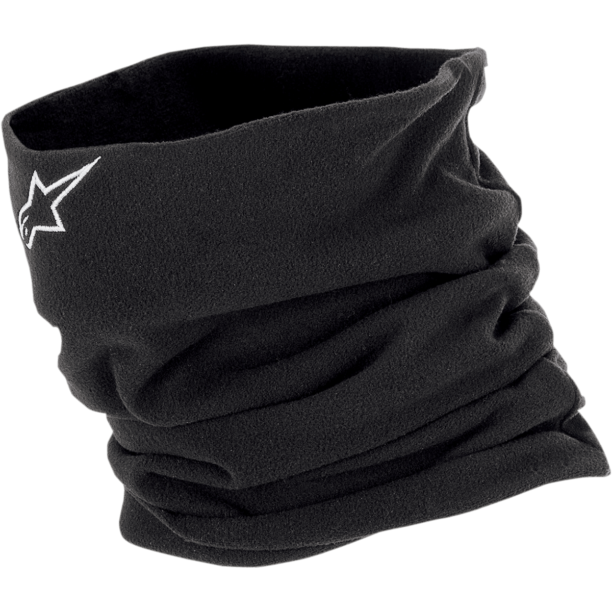 Alpinestars Neck Warmer, sort motorcykelhalsedisse i fleece med hvidt broderet stjernelogo til vindbeskyttelse.