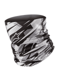 Alpinestars Neck Tube, motorcykel-halsrør, sort og grå, sløret geometrisk mønster med Alpinestars stjerne-logo, let silkeagtigt stof, sømløst baselayer til vindbeskyttelse