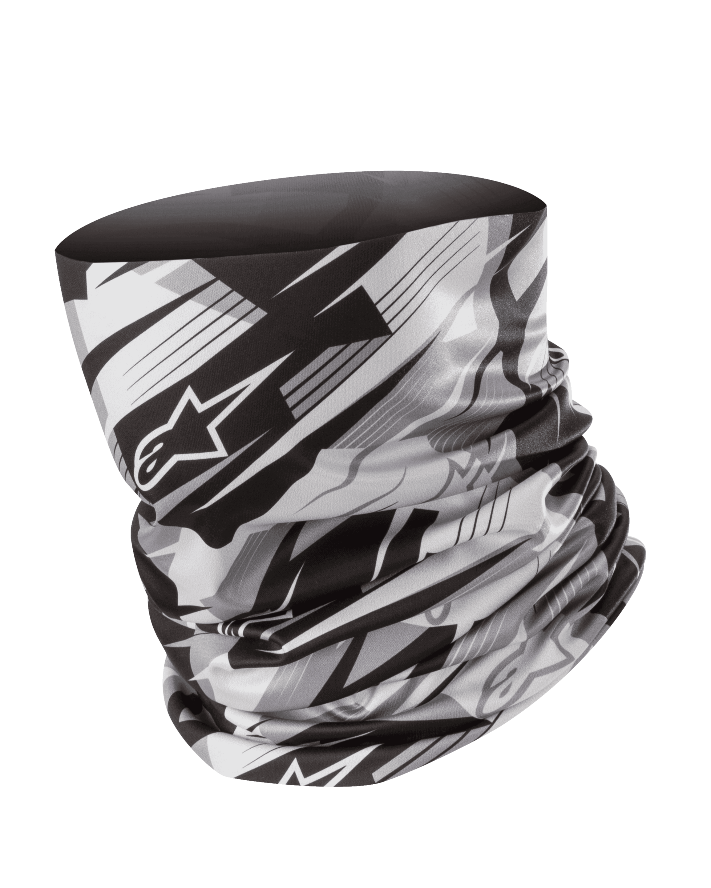 Alpinestars Neck Tube, motorcykel-halsrør, sort og grå, sløret geometrisk mønster med Alpinestars stjerne-logo, let silkeagtigt stof, sømløst baselayer til vindbeskyttelse