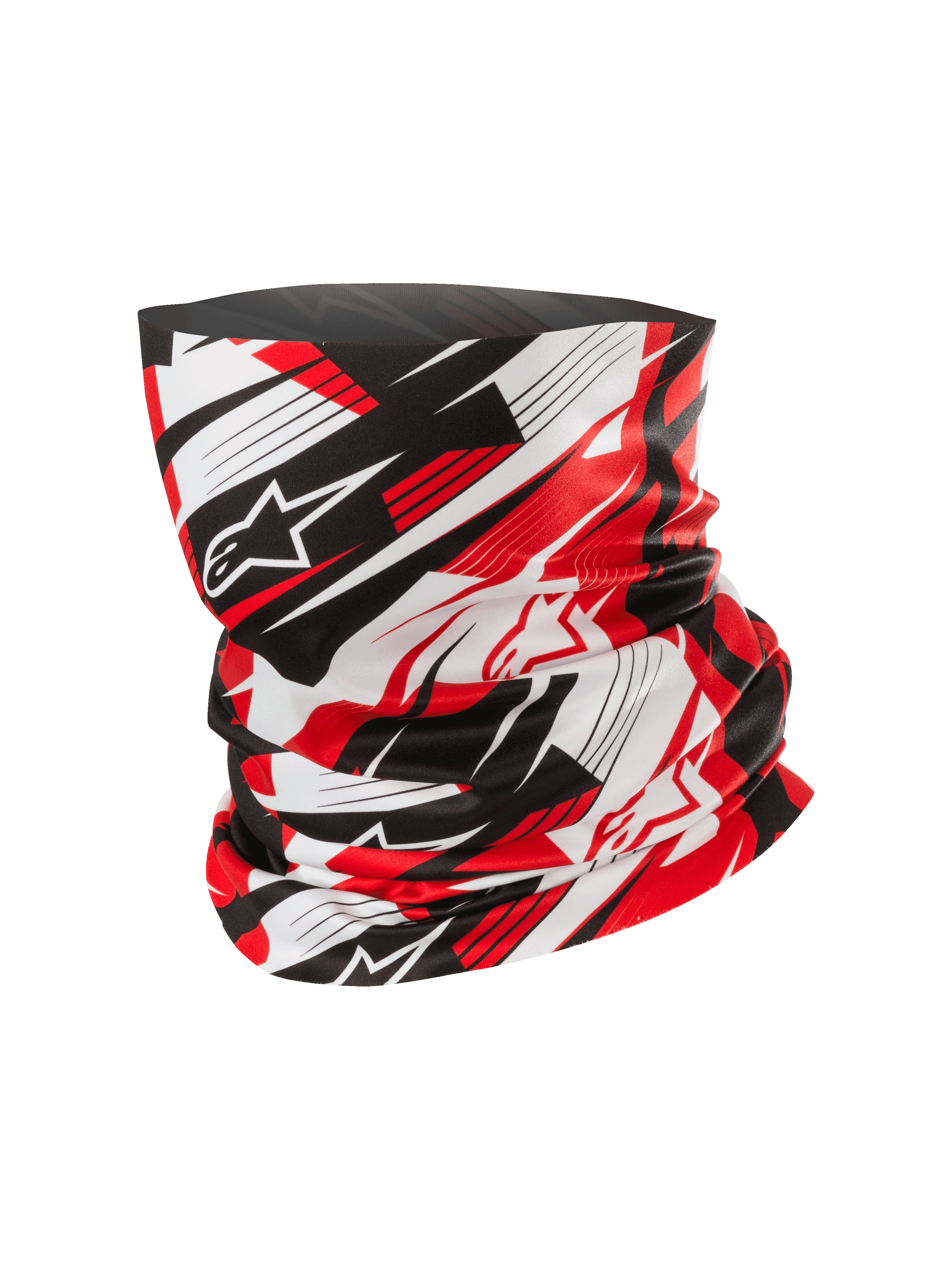 Alpinestars Neck Tube, halsedisse til motorcykel, rød, sort og hvid, dynamisk abstrakt mønster med slørede linjer og stjernelogoer, letvægtsstof med silkeblød fornemmelse, tilbehør til motorcykel og udendørsaktiviteter