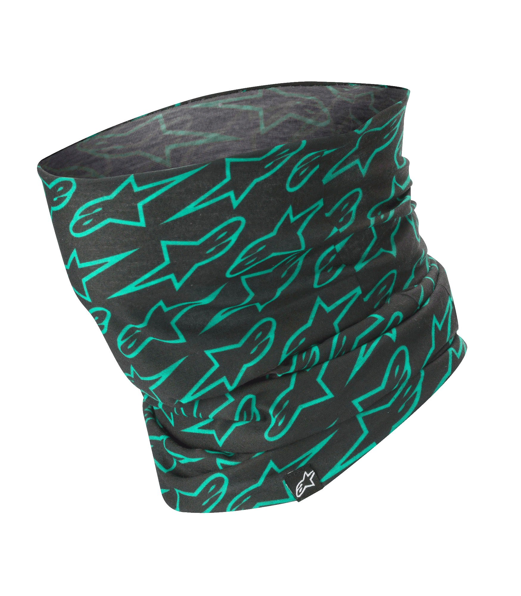 Alpinestars Neck Tube, sort med turkis Astars logo-mønster, letvægts motorcykel-halsrør, silkeagtigt vindafvisende basislag, unisex beskyttende tilbehør