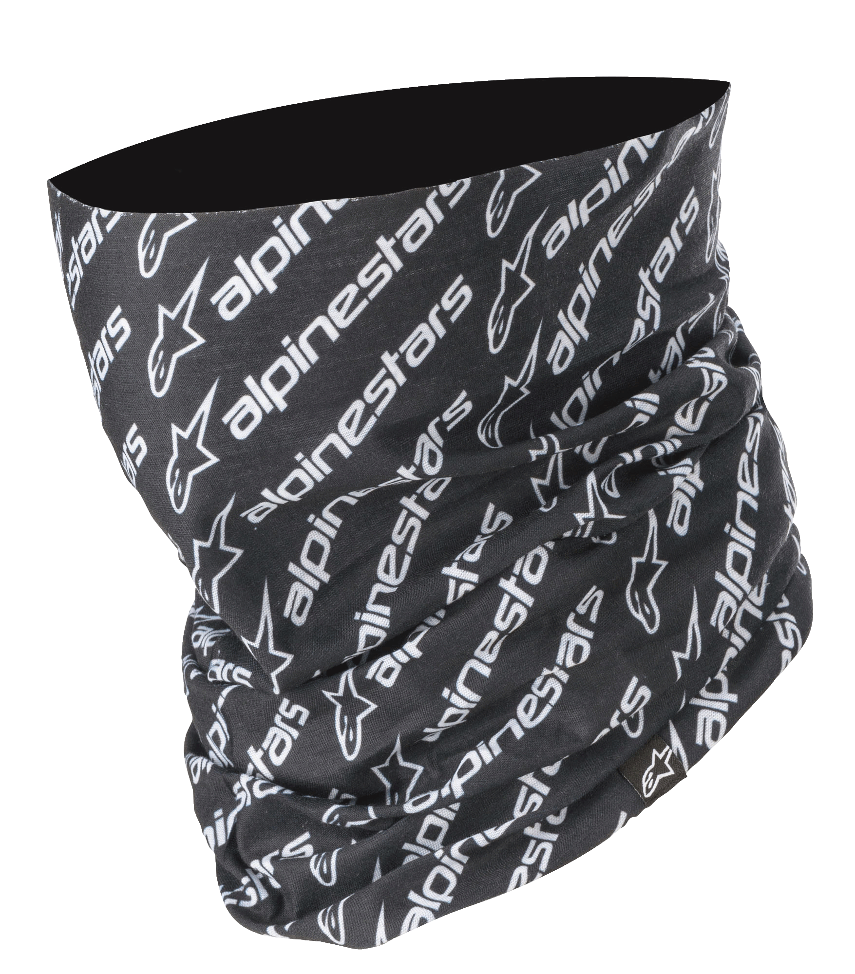 Alpinestars Linear Neck Tube, motorcykel halsedisse, sort og hvid, gentagende diagonalt Alpinestars logo- og tekstmønster, sømløs mikrofiberkonstruktion, letvægts baselayer til landevejskørsel
