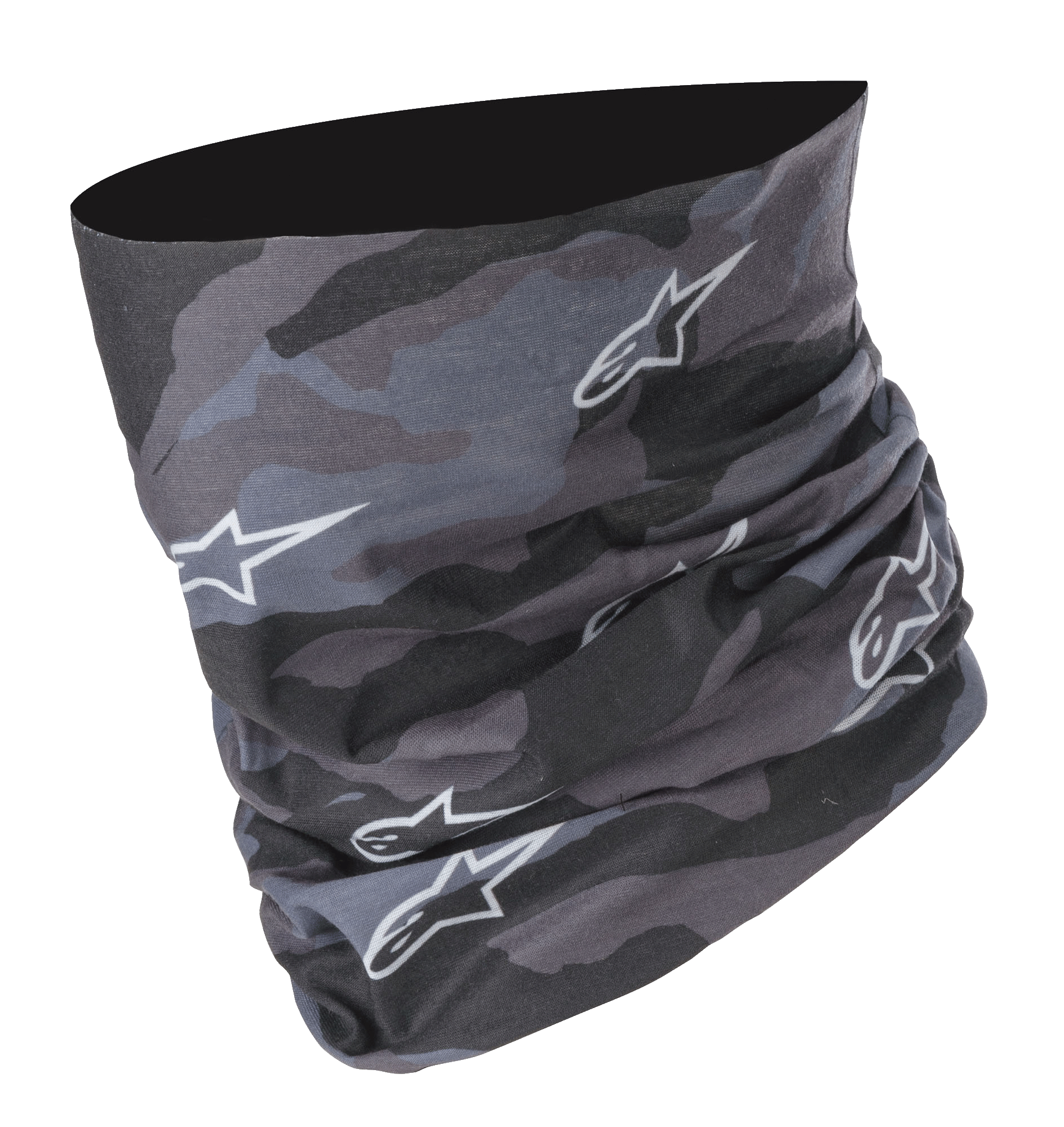 Alpinestars Tactical Neck Tube in Black Tar Gray, digital camouflage pattern with white star logos, seamless microfiber construction, versatile motorcycle neck gaiter and base layer coverage