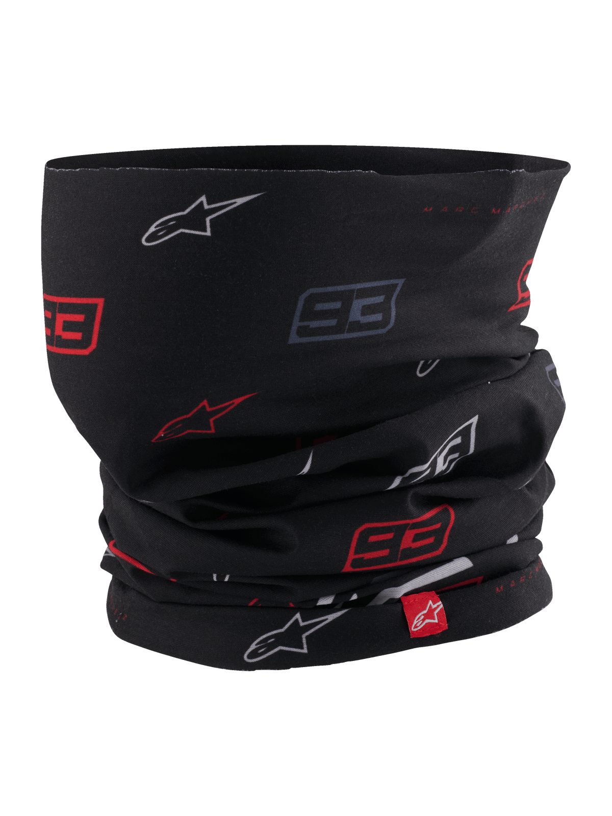 Alpinestars MM93 halsrør, motorcykel-halsedisse, sort med rødt og hvidt Marc Márquez 93- og stjernelogo-mønster, letvægts strækbart materiale, med lille rødt Alpinestars-mærke