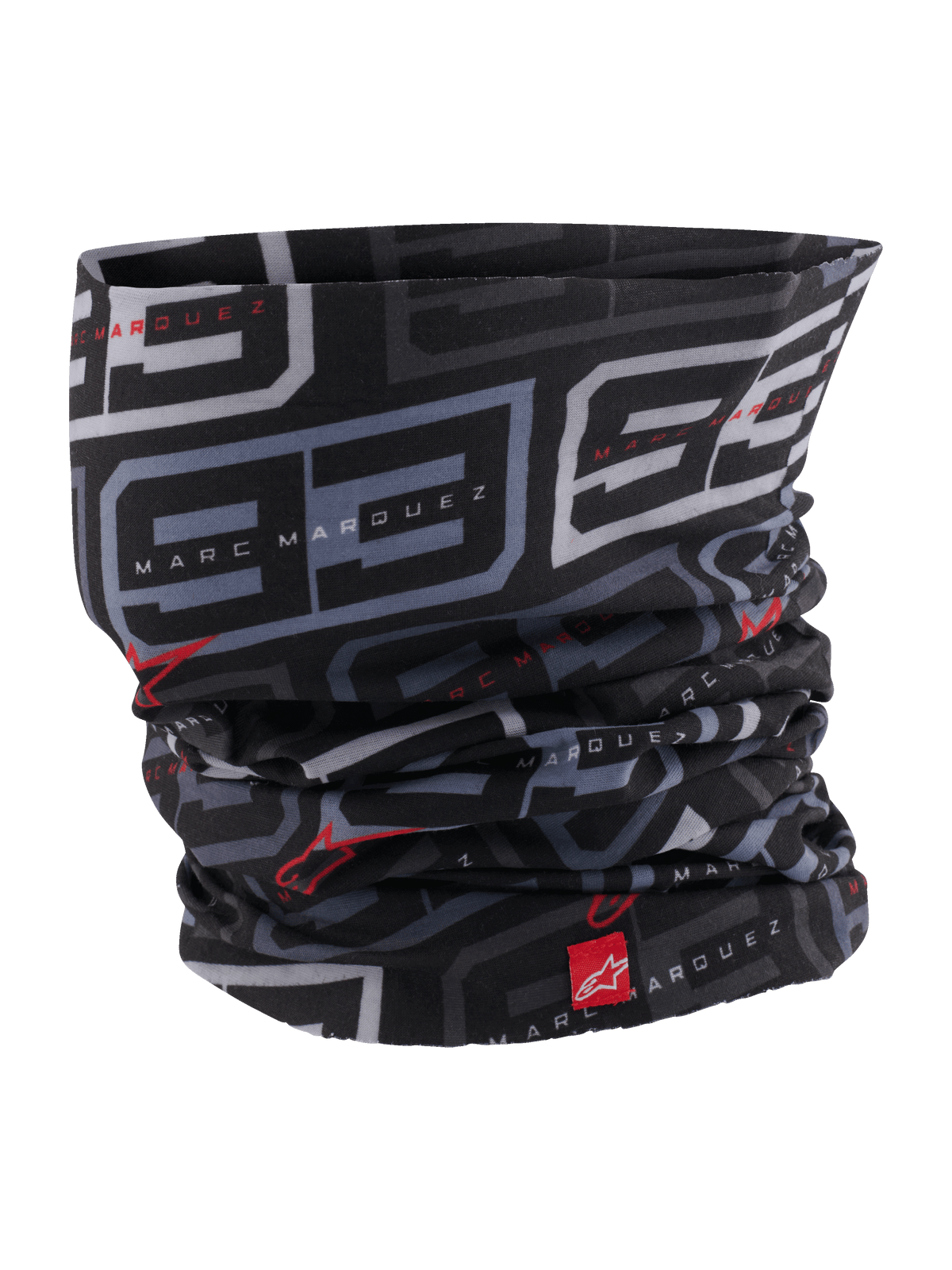 Alpinestars MM93 halsrør, motorcykel halsedisse, sort antracit og klar rød, med gennemgående gråt '93'-mønster og Marc Marquez-branding, røde Alpinestars-logoer, let silkeagtigt stof til landevejskørsel om foråret og sommeren