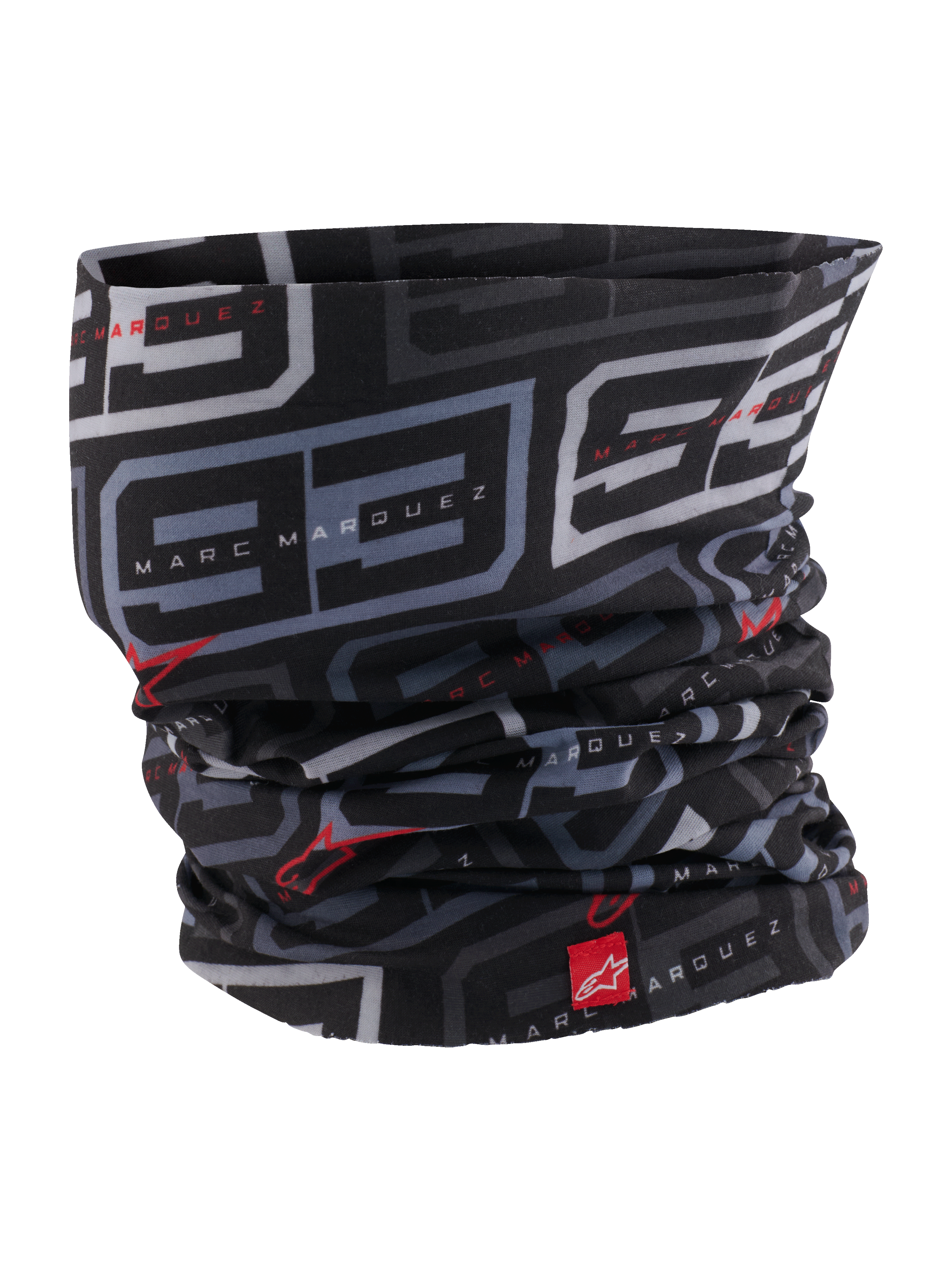 Alpinestars MM93 halsrør, motorcykel halsedisse, sort antracit og klar rød, med gennemgående gråt '93'-mønster og Marc Marquez-branding, røde Alpinestars-logoer, let silkeagtigt stof til landevejskørsel om foråret og sommeren