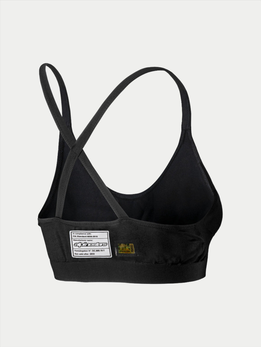 Alpinestars Stella TECH ZX Bra, Auto Racing Base Layer, Black, back view featuring FIA 8856-2018 certification label, thin crossed straps, lightweight flame-resistant material for motorsport protection.