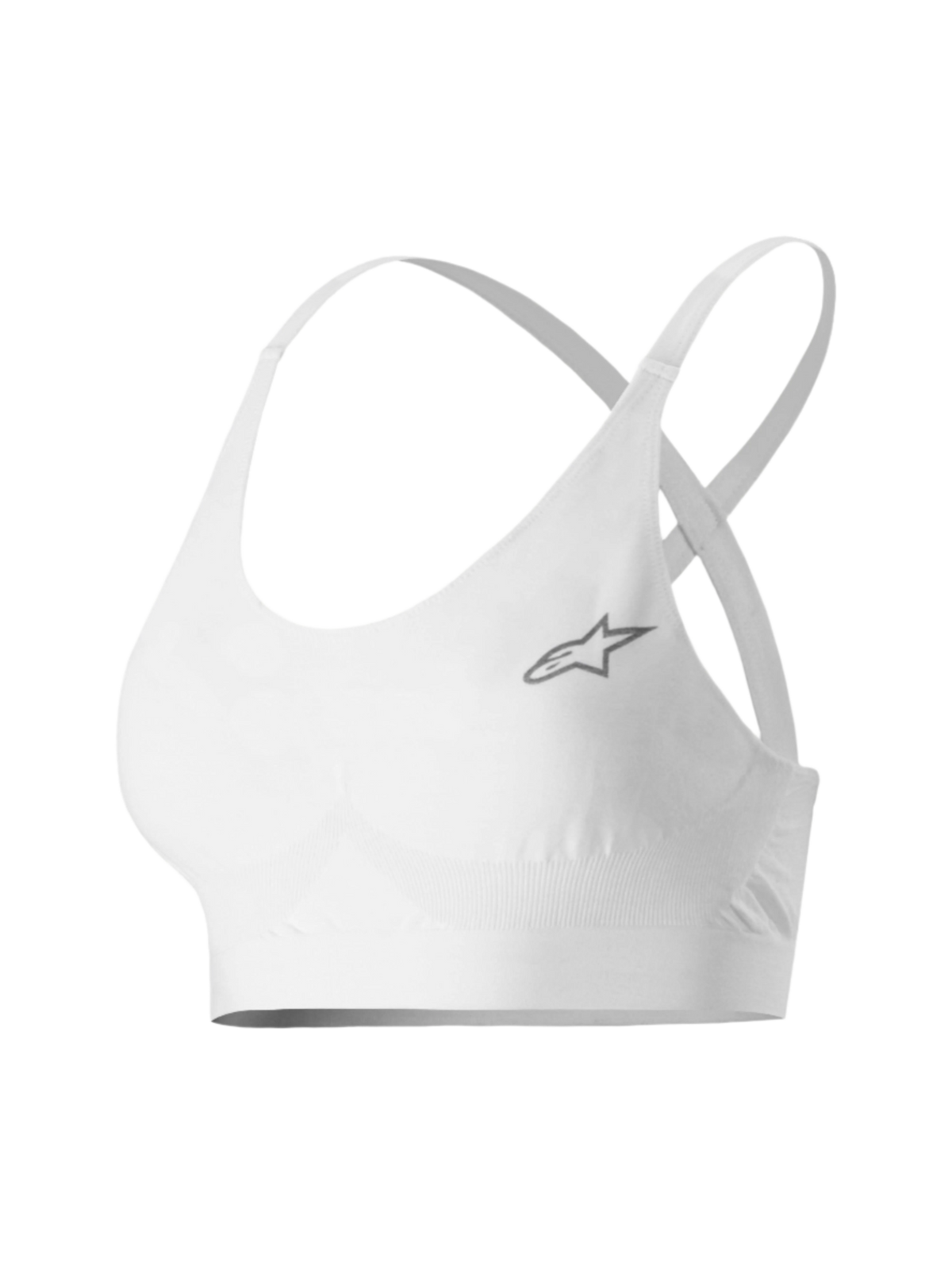 Alpinestars Stella TECH ZX Bra, Women's Motorsport Base Layer, White, featuring a small grey star logo, lightweight flame-resistant LENZING™ FR fabric, thin straps and supportive band for professional auto racing performance