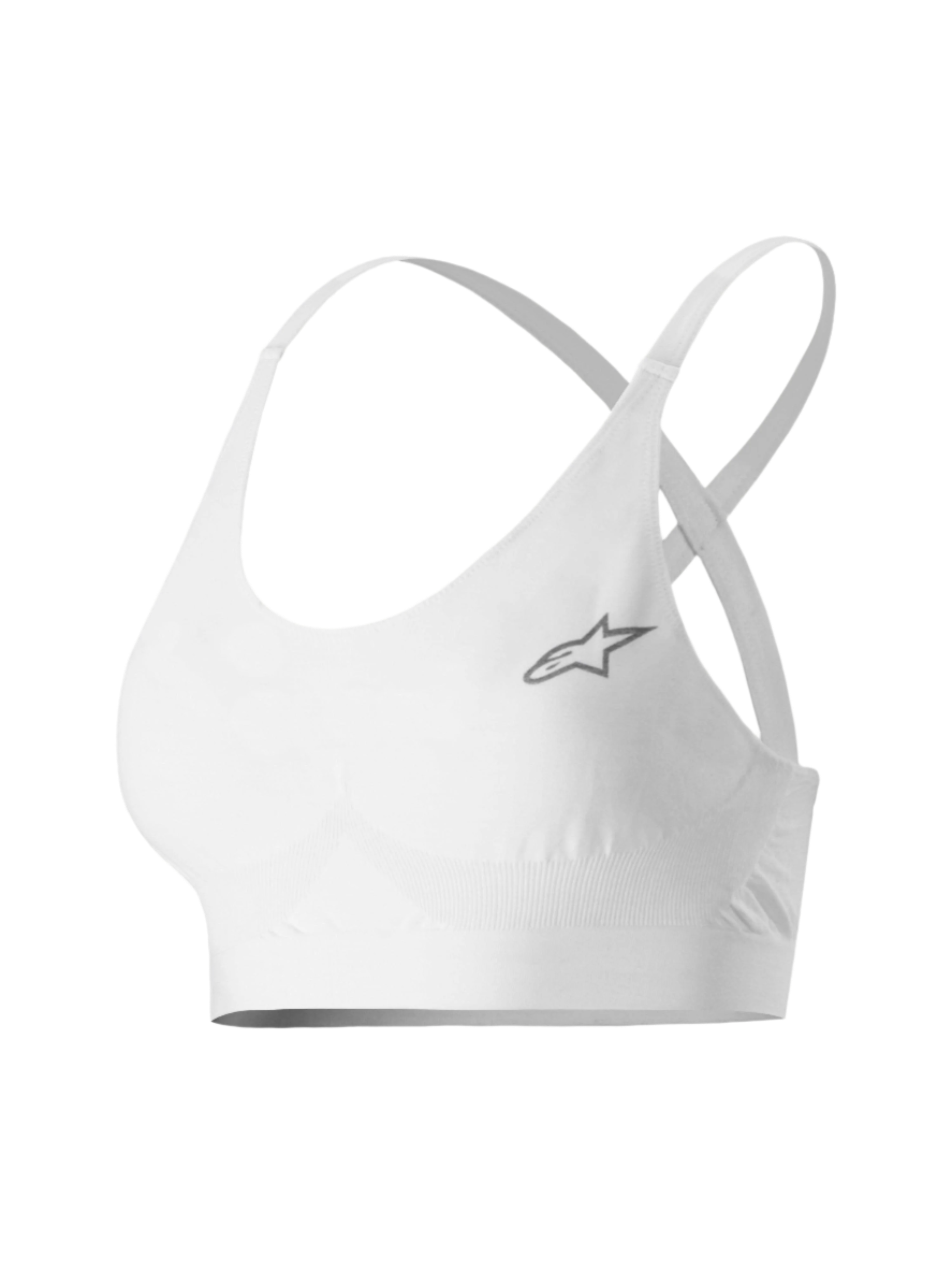 Alpinestars Stella TECH ZX Bra, Women's Motorsport Base Layer, White, featuring a small grey star logo, lightweight flame-resistant LENZING™ FR fabric, thin straps and supportive band for professional auto racing performance