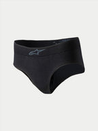 Alpinestars Stella TECH ZX Briefs, women's racing underwear, black with grey logo on the waistband, lightweight flame-resistant base layer, FIA 8856-2018 certified, designed for auto racing performance.