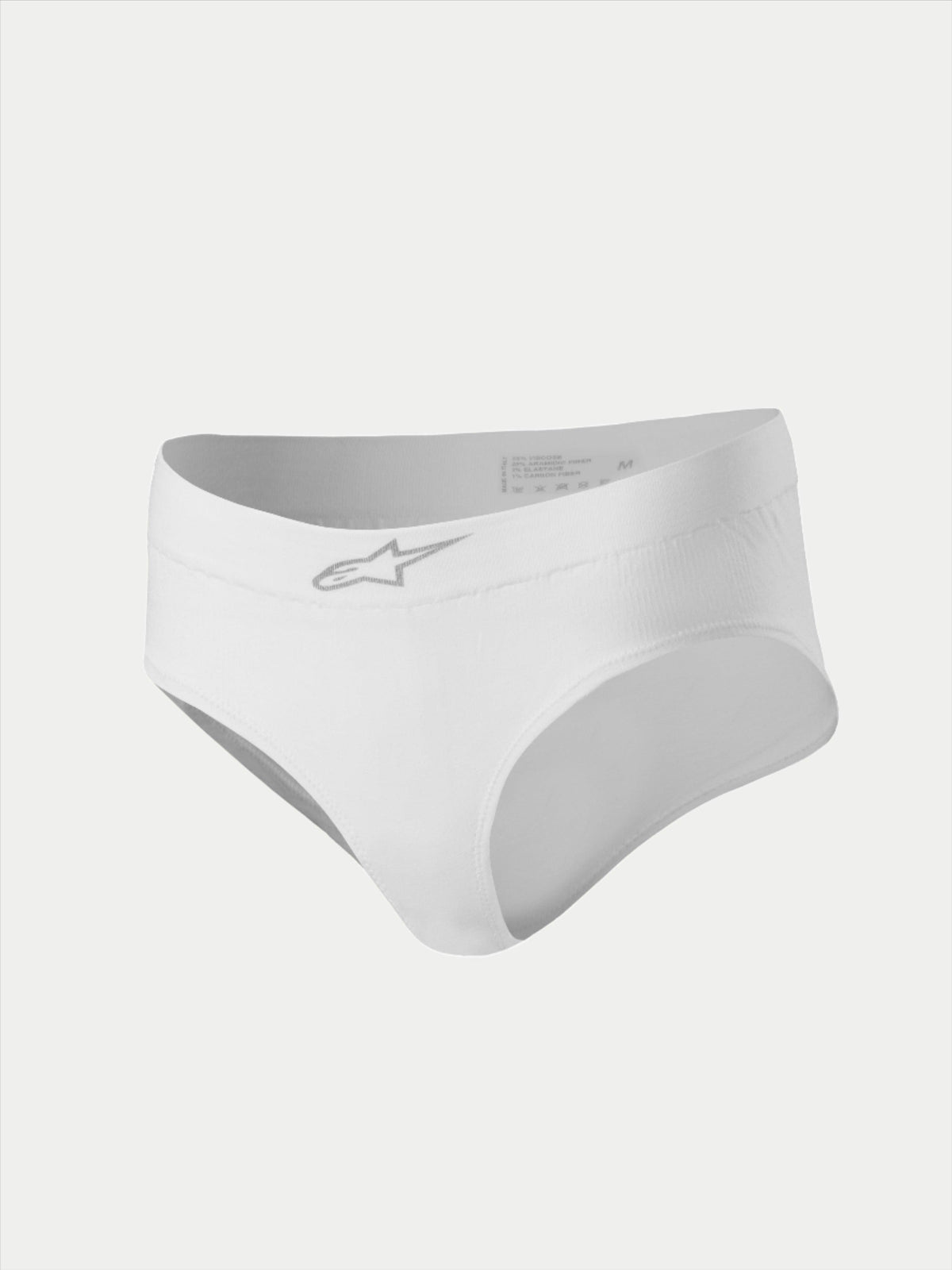 Alpinestars Stella TECH ZX Briefs, racingundertøj til damer, hvid, med et sølvfarvet stjernelogo på linningen foran, FIA 8856-2018 certificeret flammehæmmende baselayer, teknisk motorsportbeklædning
