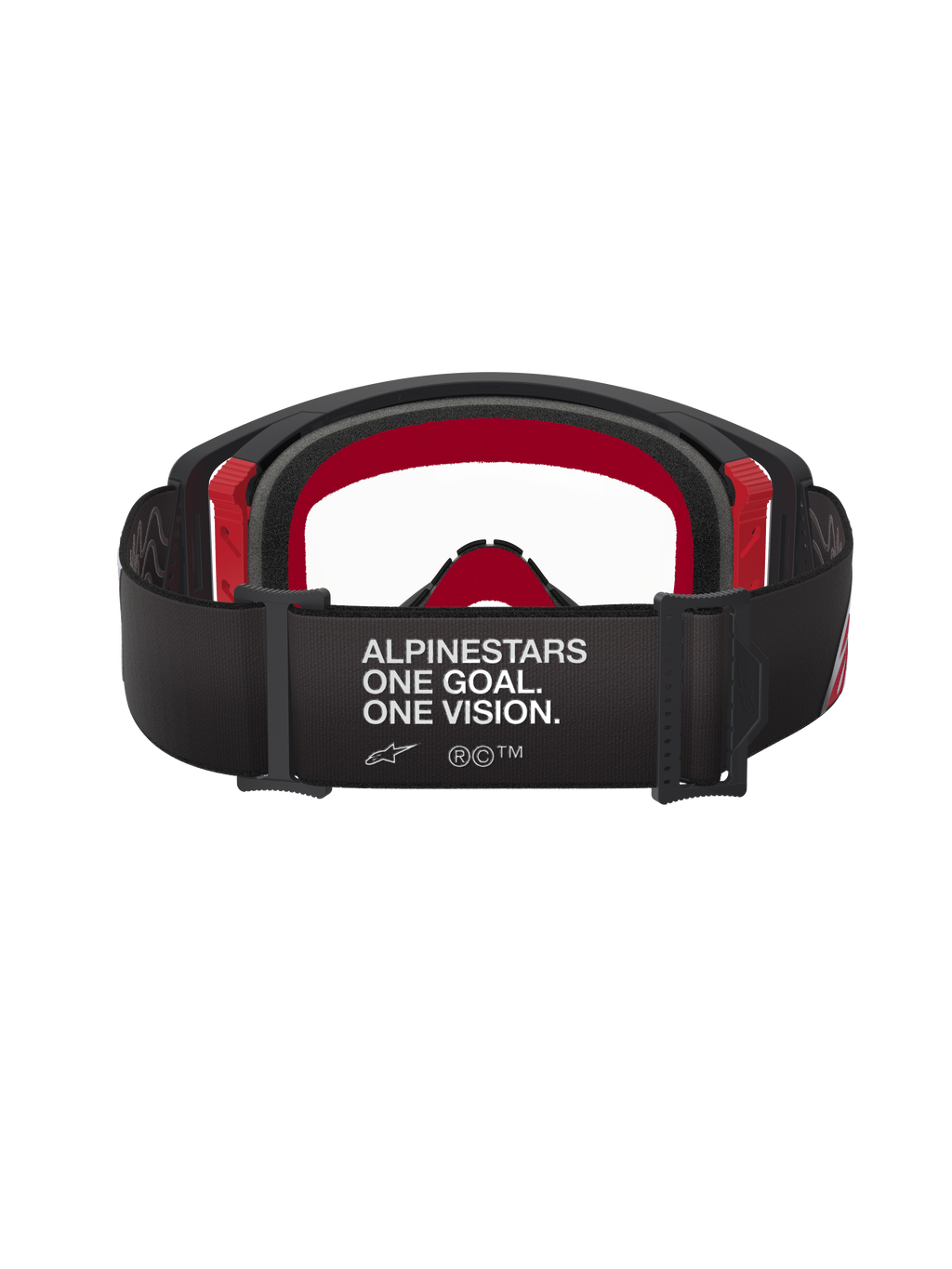 Alpinestars Supertech Corp Goggles, motocross-briller, sort og rød med klar linse, set bagfra med bred sort rem med hvid 'ALPINESTARS ONE GOAL. ONE VISION.' branding, flerlags ansigtsskum og røde detaljer på stellet