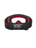 Alpinestars Supertech Corp Goggles, motocross-briller, sort og rød med klar linse, set bagfra med bred sort rem med hvid 'ALPINESTARS ONE GOAL. ONE VISION.' branding, flerlags ansigtsskum og røde detaljer på stellet