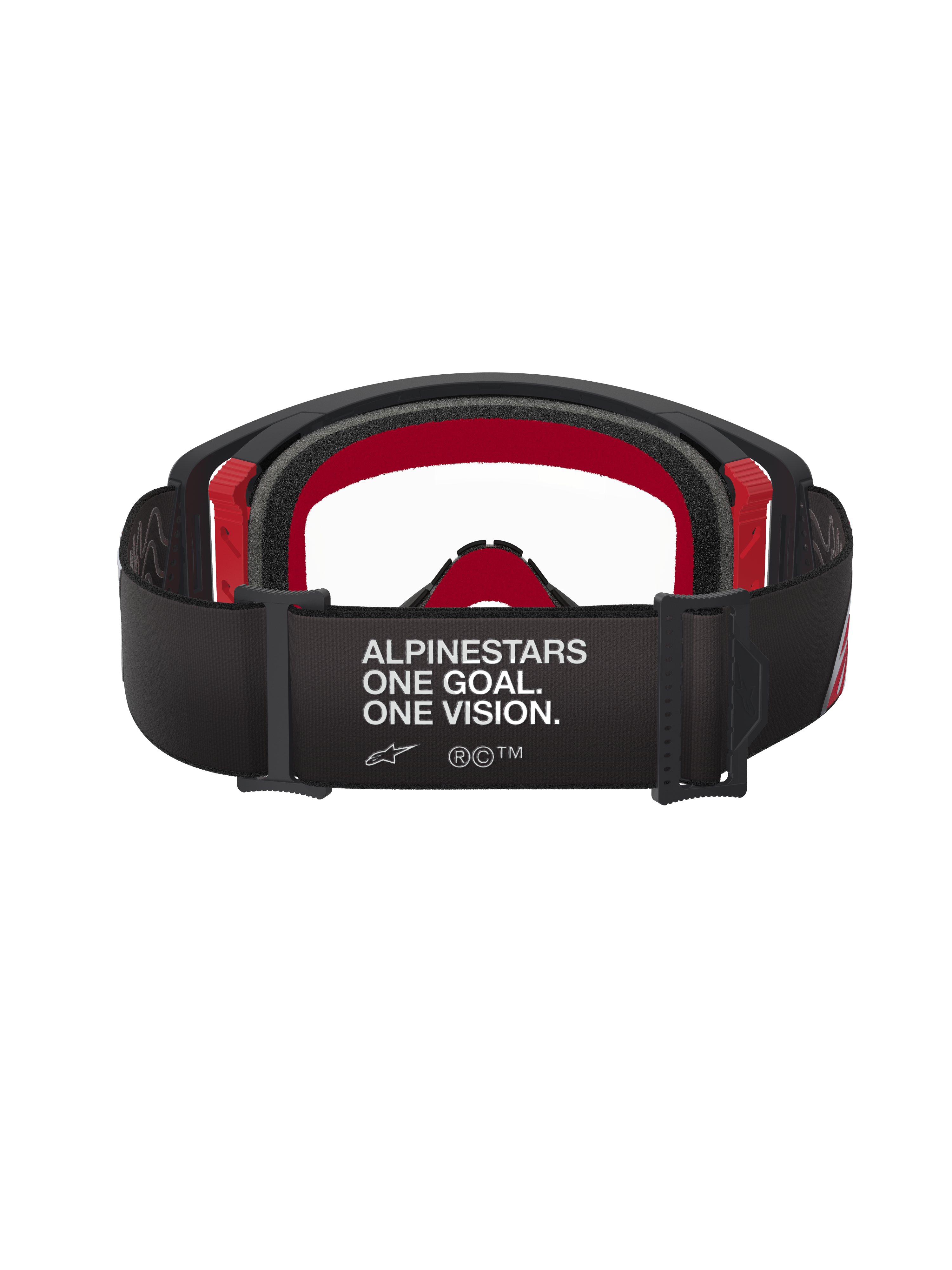 Alpinestars Supertech Corp Goggles, motocross-briller, sort og rød med klar linse, set bagfra med bred sort rem med hvid 'ALPINESTARS ONE GOAL. ONE VISION.' branding, flerlags ansigtsskum og røde detaljer på stellet