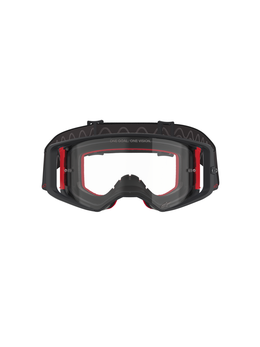 Alpinestars Supertech Corp Goggles, motocrossbriller, sort, rød og klar, set forfra, klar linse med 'ONE GOAL. ONE VISION.' tekst, sort ramme med røde sideaccenter, bredt synsfelt, holdbar rem med bølget silikonegreb