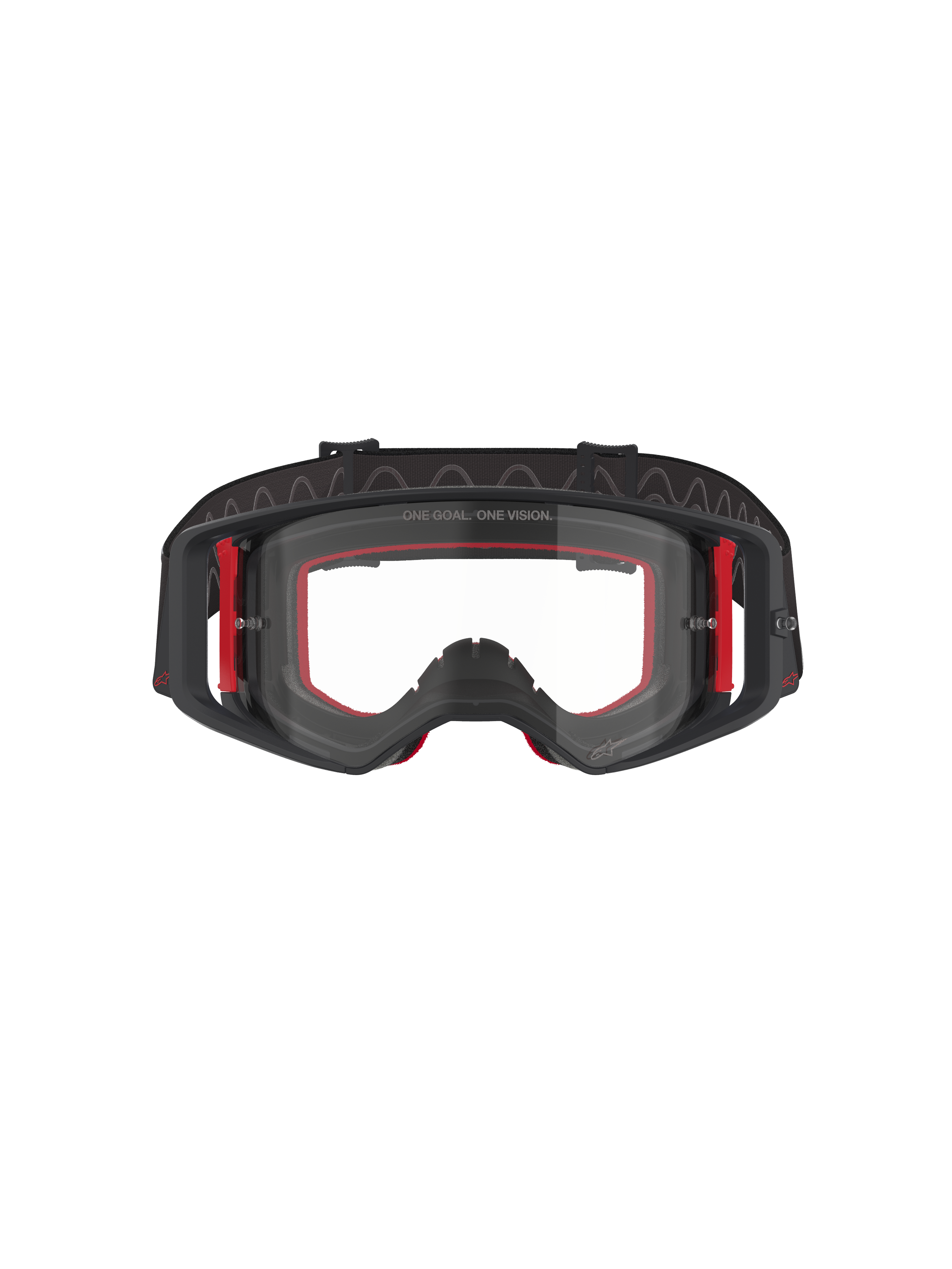 Alpinestars Supertech Corp Goggles, motocrossbriller, sort, rød og klar, set forfra, klar linse med 'ONE GOAL. ONE VISION.' tekst, sort ramme med røde sideaccenter, bredt synsfelt, holdbar rem med bølget silikonegreb
