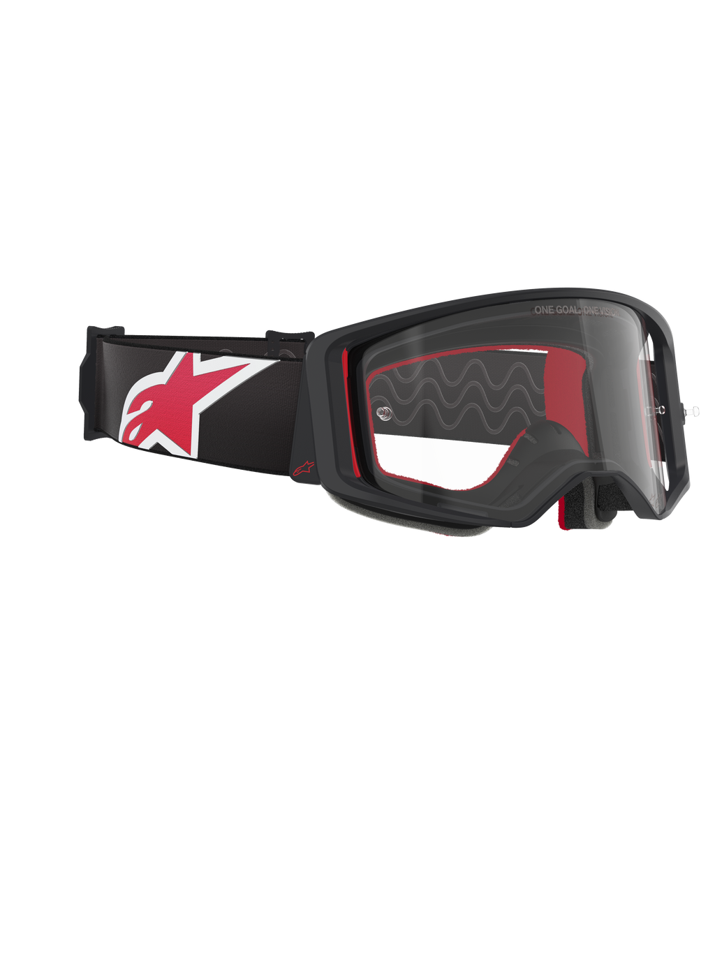 Alpinestars Supertech Corp Goggles, motocross-briller, sort, rød og klar, vinklet set fra siden med en klar linse og sort ramme, rød indvendig polstring, sort rem med et stort rødt og hvidt Alpinestars-logo, professionel øjenbeskyttelse til off-road