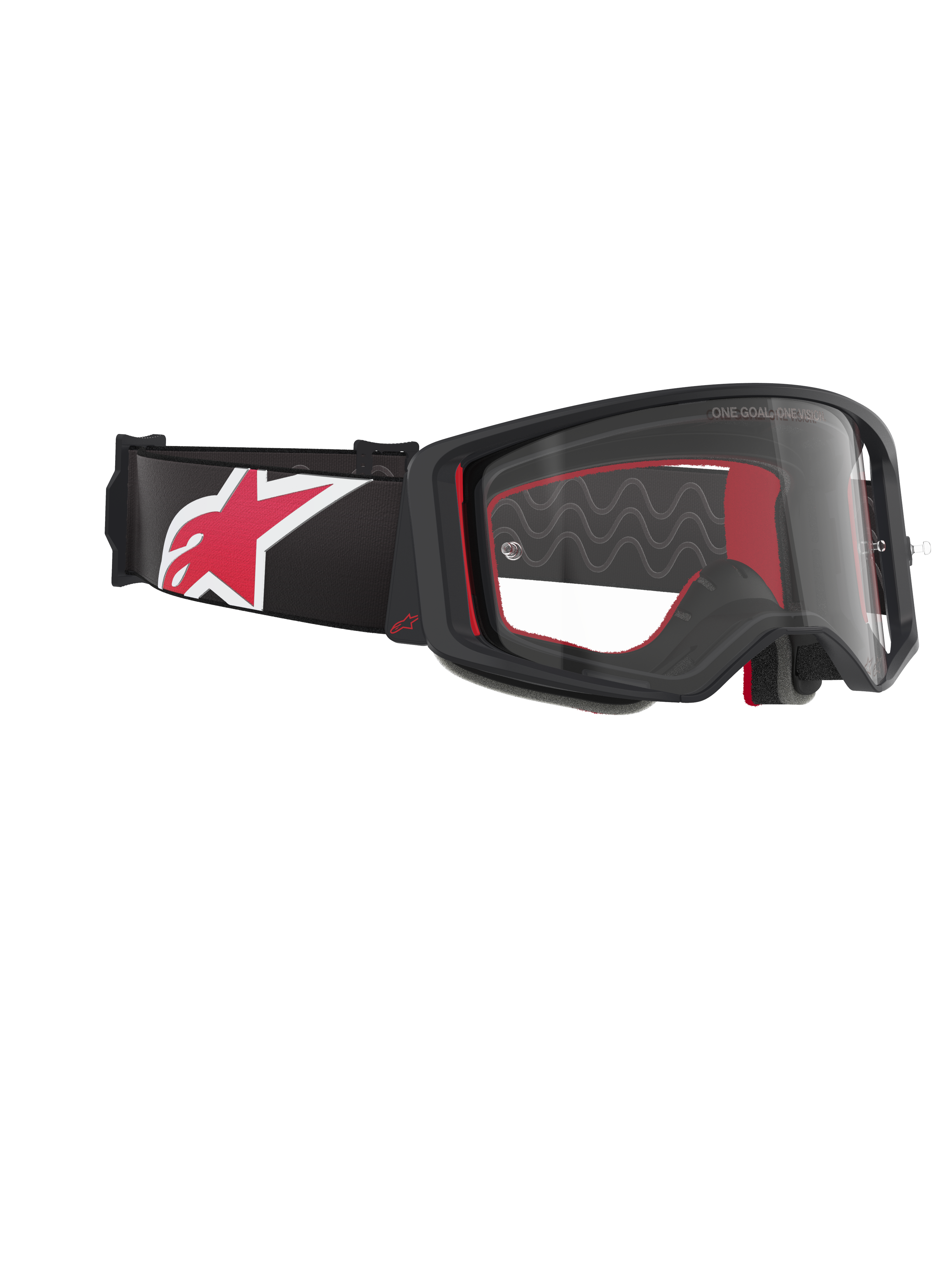 Alpinestars Supertech Corp Goggles, motocross-briller, sort, rød og klar, vinklet set fra siden med en klar linse og sort ramme, rød indvendig polstring, sort rem med et stort rødt og hvidt Alpinestars-logo, professionel øjenbeskyttelse til off-road