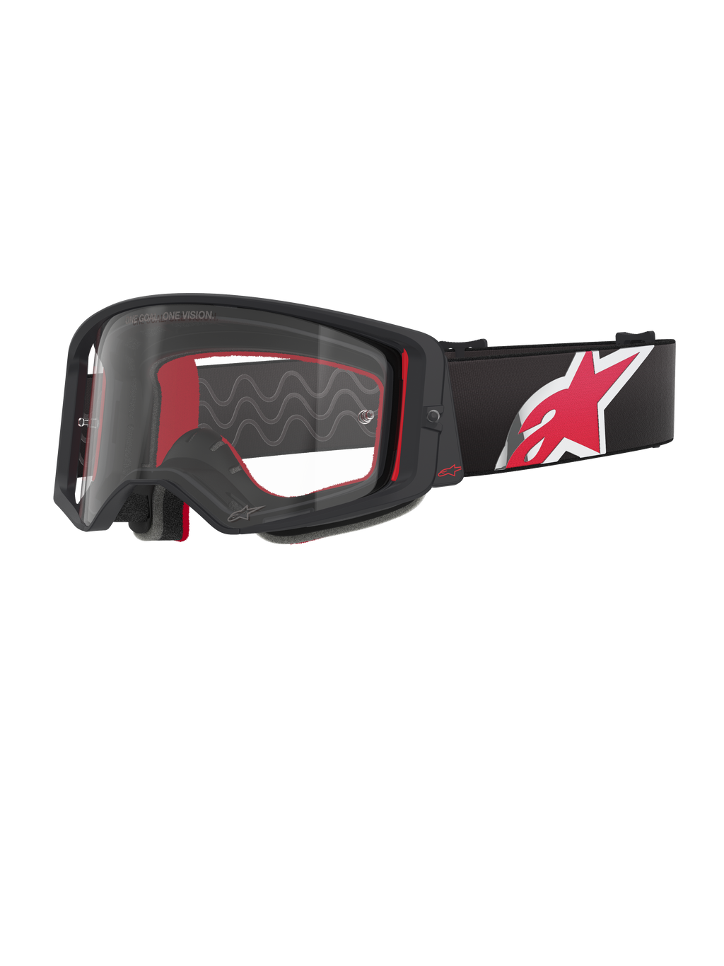 Alpinestars Supertech Corp Goggles, sort og rød ramme med klar linse, sort justerbar rem med et stort rødt og hvidt stjerne-logo, professionelle motocross-briller designet til off-road racing