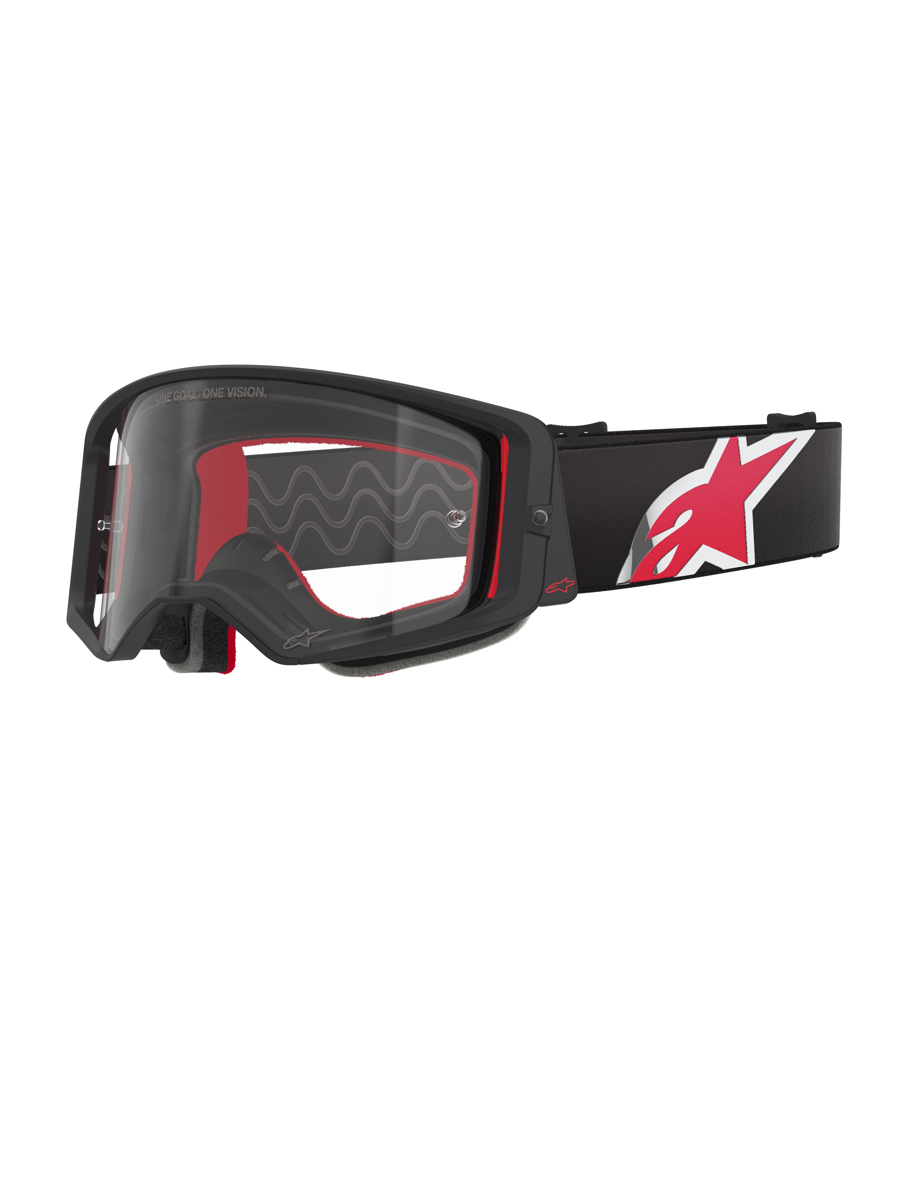 Alpinestars Supertech Corp Goggles, sort og rød ramme med klar linse, sort justerbar rem med et stort rødt og hvidt stjerne-logo, professionelle motocross-briller designet til off-road racing