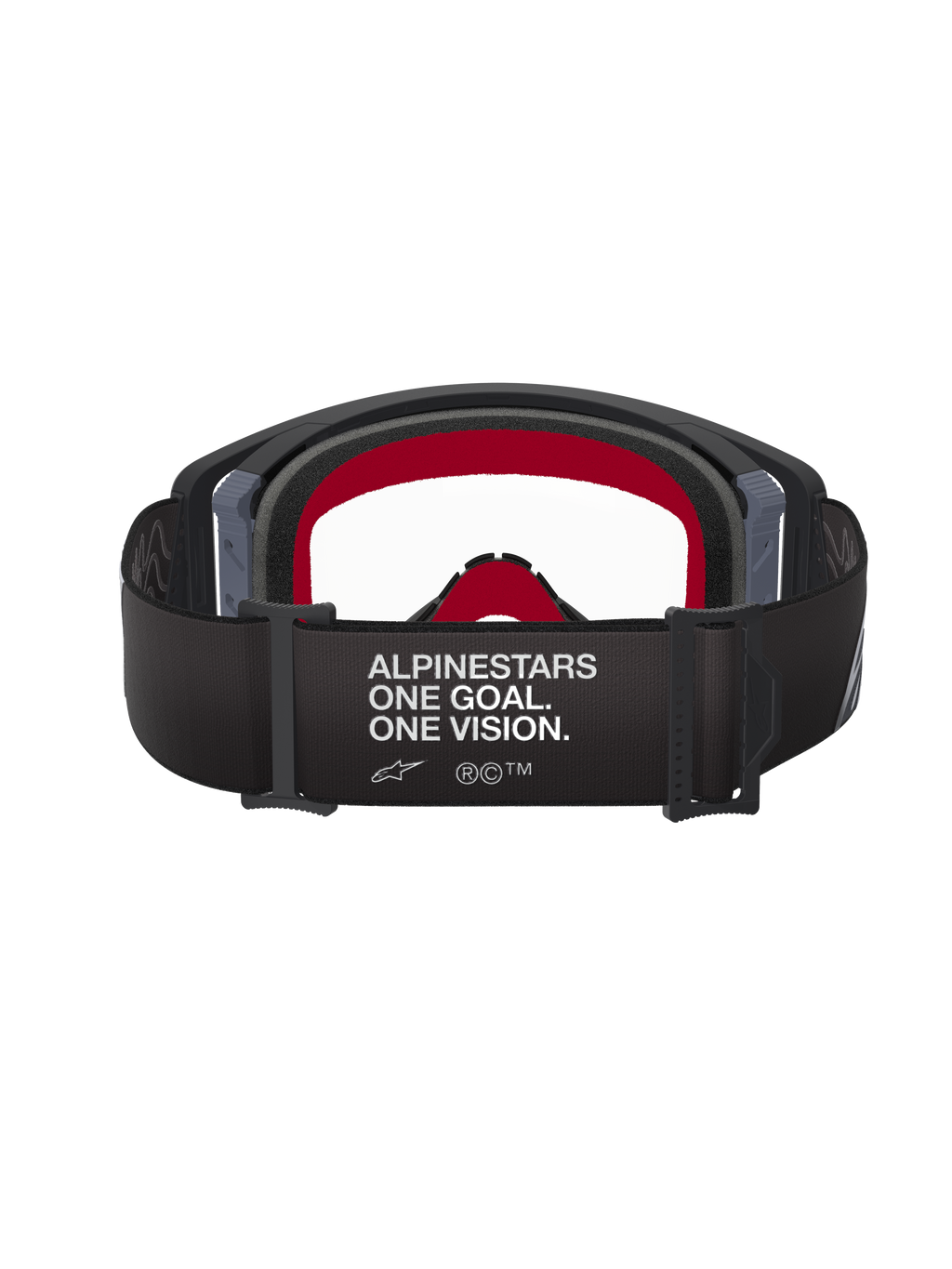 Alpinestars Supertech Corp Goggles, motocross-briller, sort og grå ramme med klar linse, set bagfra med sort rem, 'ALPINESTARS ONE GOAL. ONE VISION.' slogan og rødt indvendigt ansigtsskum