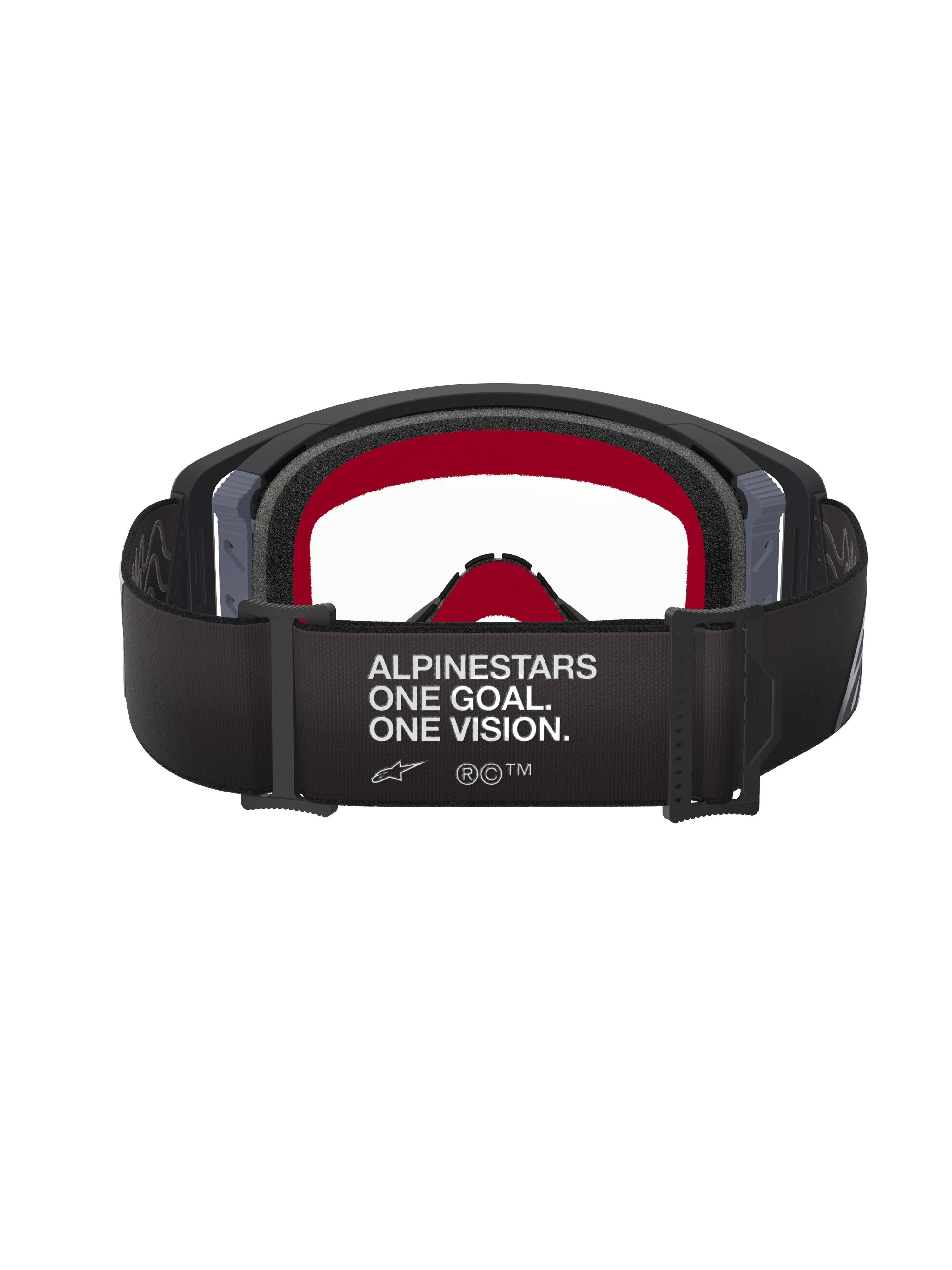 Alpinestars Supertech Corp Goggles, motocross-briller, sort og grå ramme med klar linse, set bagfra med sort rem, 'ALPINESTARS ONE GOAL. ONE VISION.' slogan og rødt indvendigt ansigtsskum