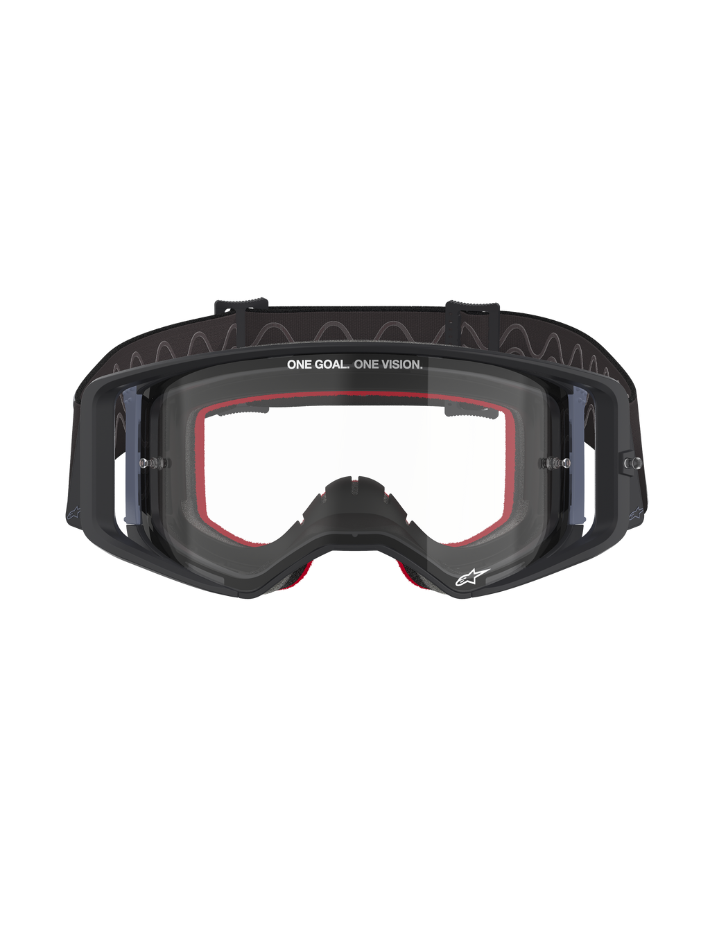 Alpinestars Supertech Corp-briller, motocross-briller, sort ramme med klar linse, rødt indvendigt ansigtsskum, 'ONE GOAL. ONE VISION.'-tekst på den øverste del af linsen, sort strop med silikonebagside, professionelt off-road racerudstyr