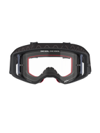 Alpinestars Supertech Corp-briller, motocross-briller, sort ramme med klar linse, rødt indvendigt ansigtsskum, 'ONE GOAL. ONE VISION.'-tekst på den øverste del af linsen, sort strop med silikonebagside, professionelt off-road racerudstyr