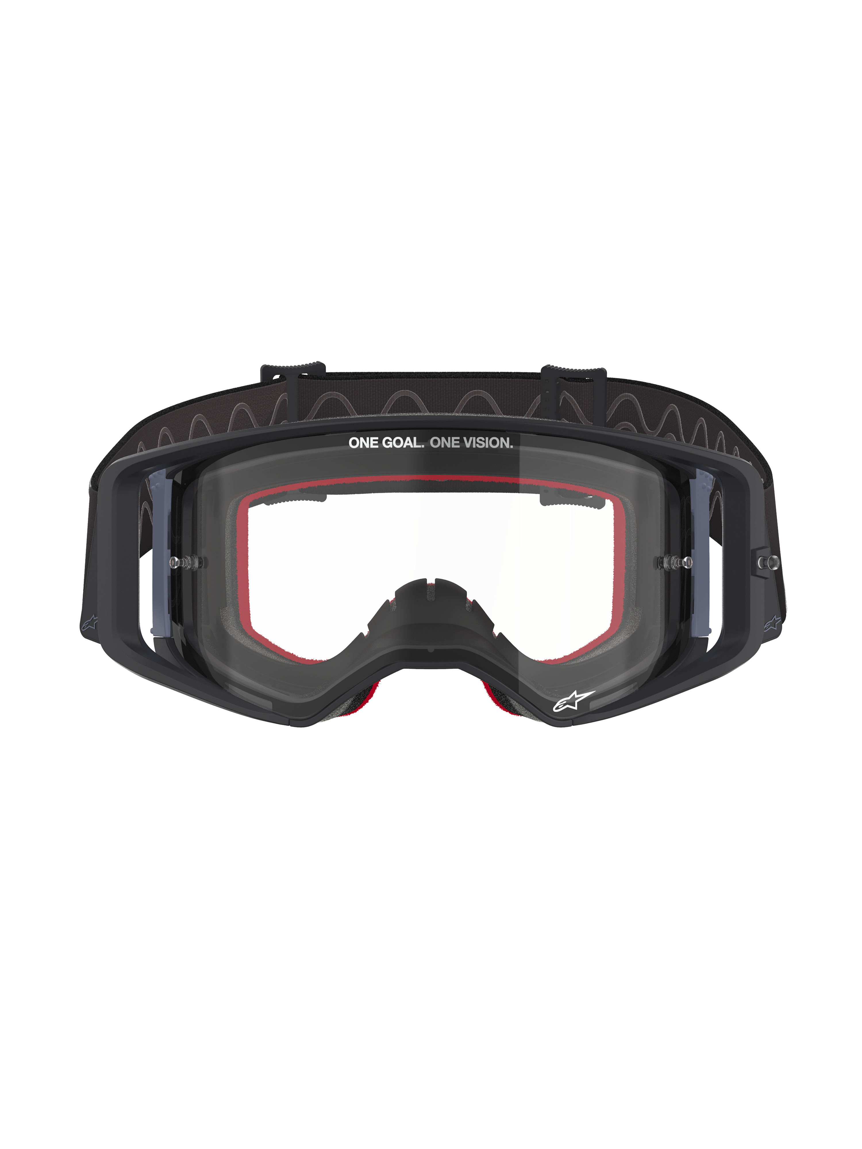 Alpinestars Supertech Corp-briller, motocross-briller, sort ramme med klar linse, rødt indvendigt ansigtsskum, 'ONE GOAL. ONE VISION.'-tekst på den øverste del af linsen, sort strop med silikonebagside, professionelt off-road racerudstyr